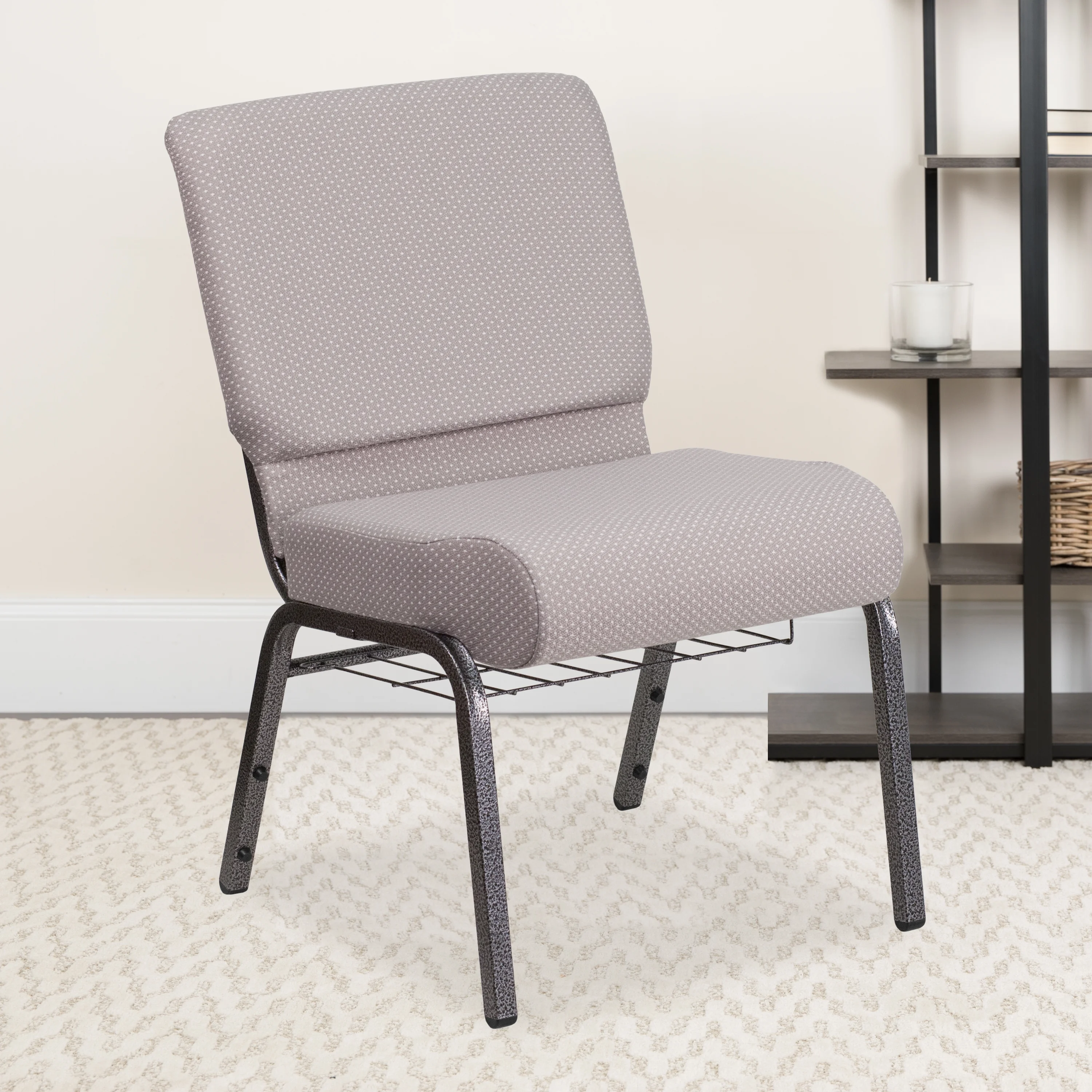 Flash Furniture HERCULES Series 21''W Church Chair in Gray Dot Fabric with Book Rack - Silver Vein Frame