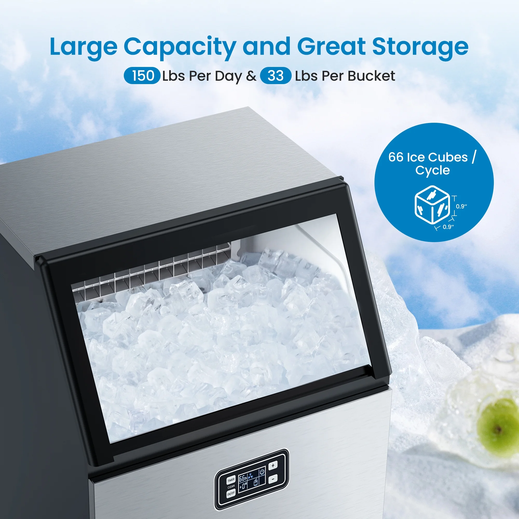 Entcook Commercial Ice Maker 150Lbs/24H with 33Lbs Storage, Full Stainless Steel Under Counter Ice Machine for Party/Bar/Home/Office