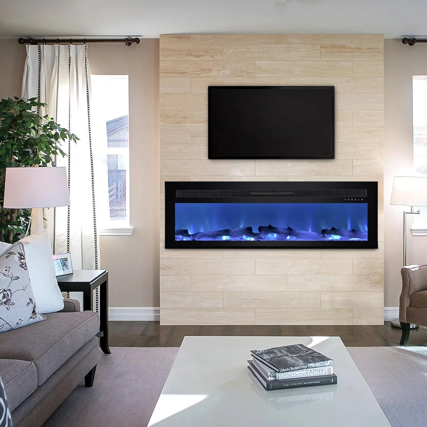 60 inches Electric Fireplace, Recessed and Wall Mounted Fireplace, Adjustable 20 Flame Colors and 5 Speeds, Remote Control & Touch Screen with Timer, Linear Fireplace W/Thermostat, Black