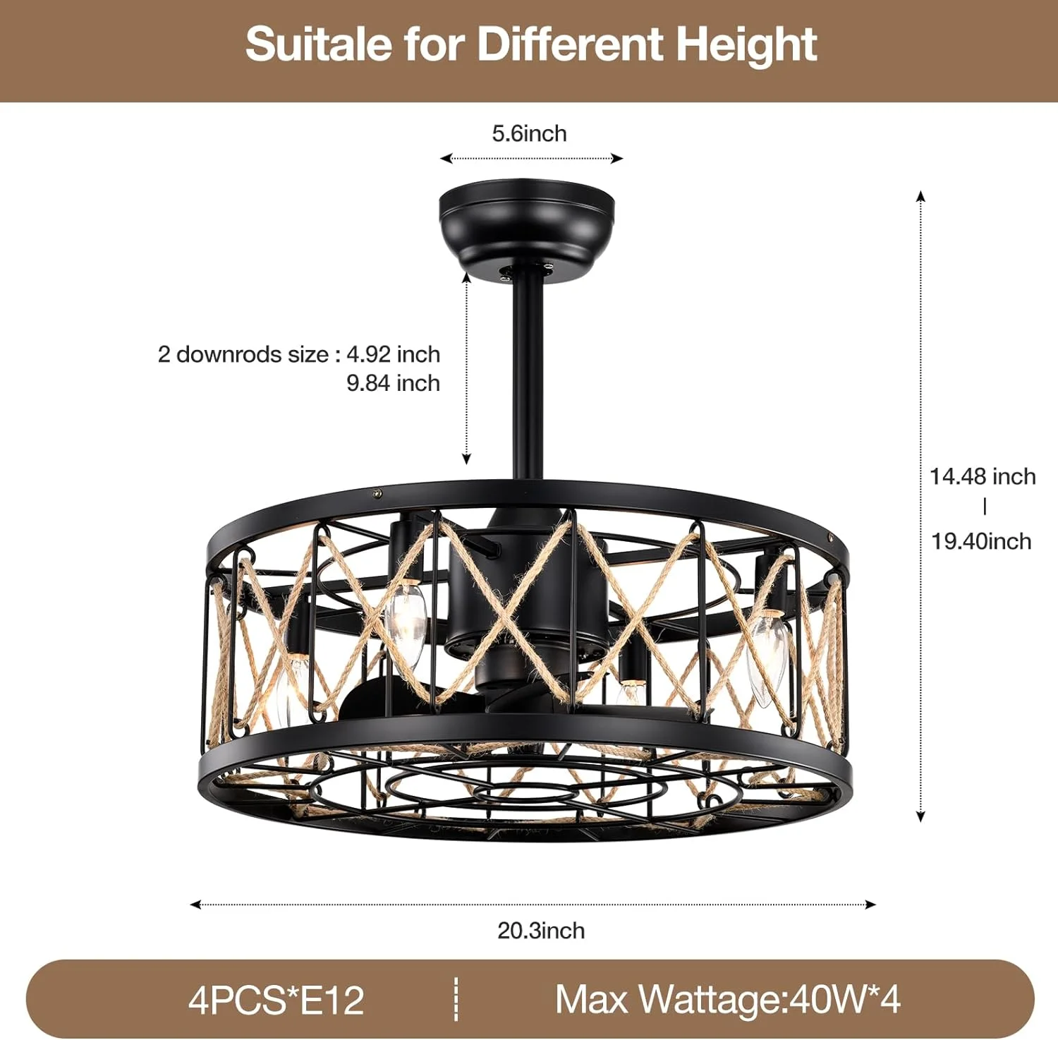 IKIFLY Caged Ceiling Fan with Light, Black Ceiling Fan Remote Control, Industrial Ceiling Fan With Hemp Rope Design for Living Room, Bedroom, 5 Dual Blades, Reversible Airflow