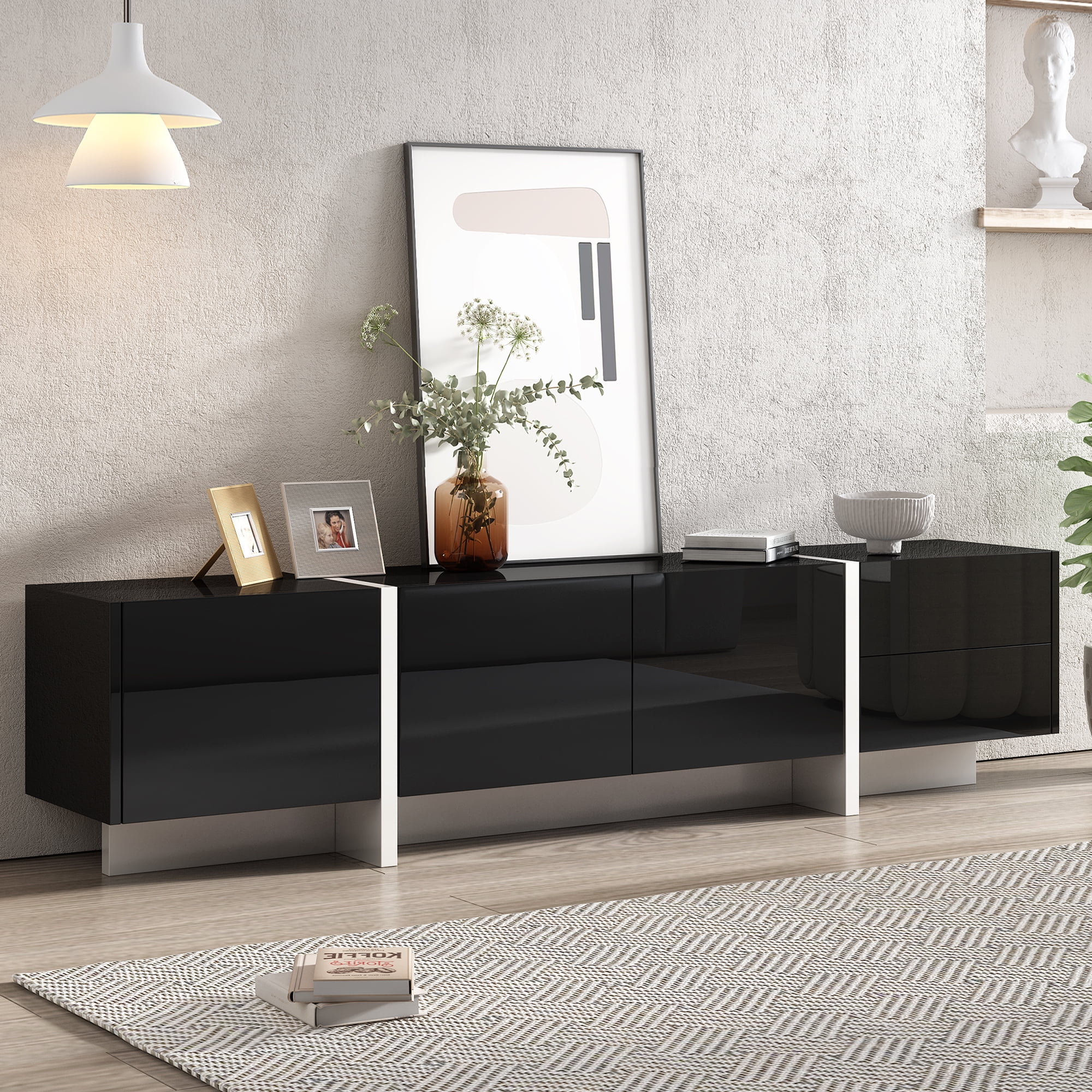 EUROCO Mid-Century Modern TV Stand Up to 80' Contemporary Rectangle ,Unique Style TV Console Table with Cabinet&High Gloss UV Surface for Living Room Bedroom