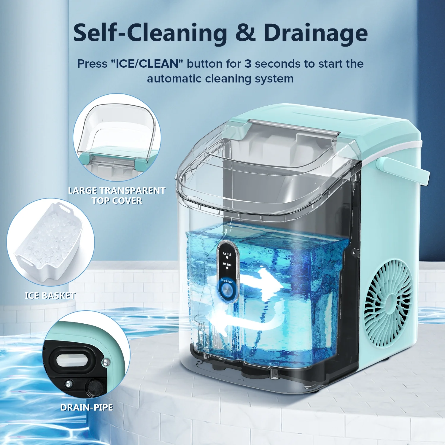 Auseo Nugget Ice Maker Countertop with Soft Chewable Pellet Ice, 34lbs/24H, Self-Cleaning, Sonic Ice Machine for Home/Kitchen/Office/Party-Green