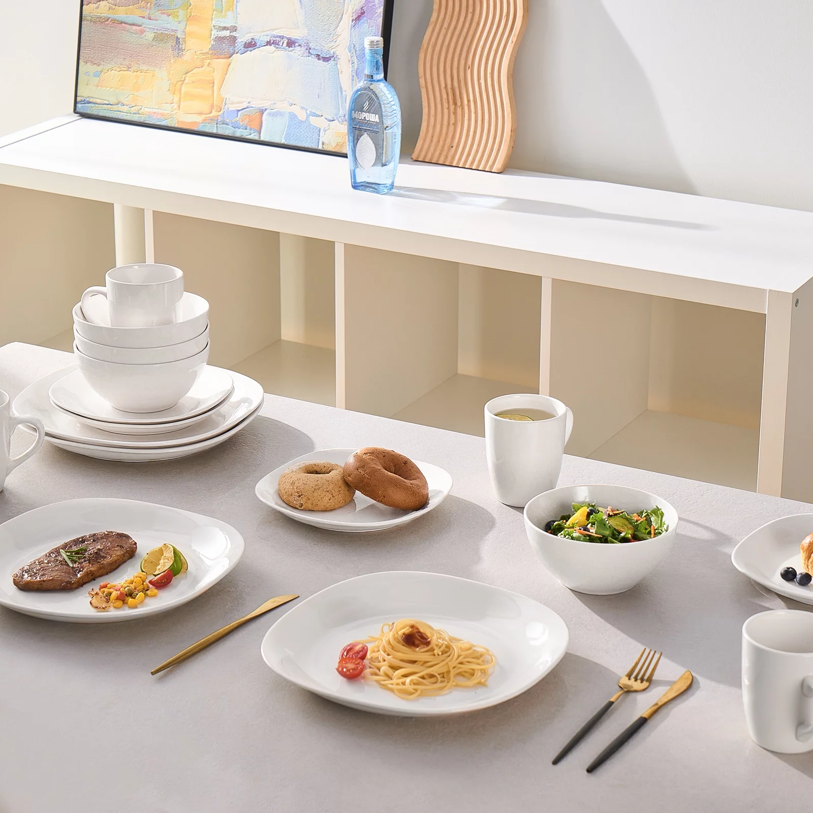 Bestone 16 Piece Round Kitchen Dinnerware Set,Plates and Bowls sets,Dishes, Plates, Bowls, Mugs, Dish Set��Plates and Bowls,Service for 4, Stoneware (white, square)