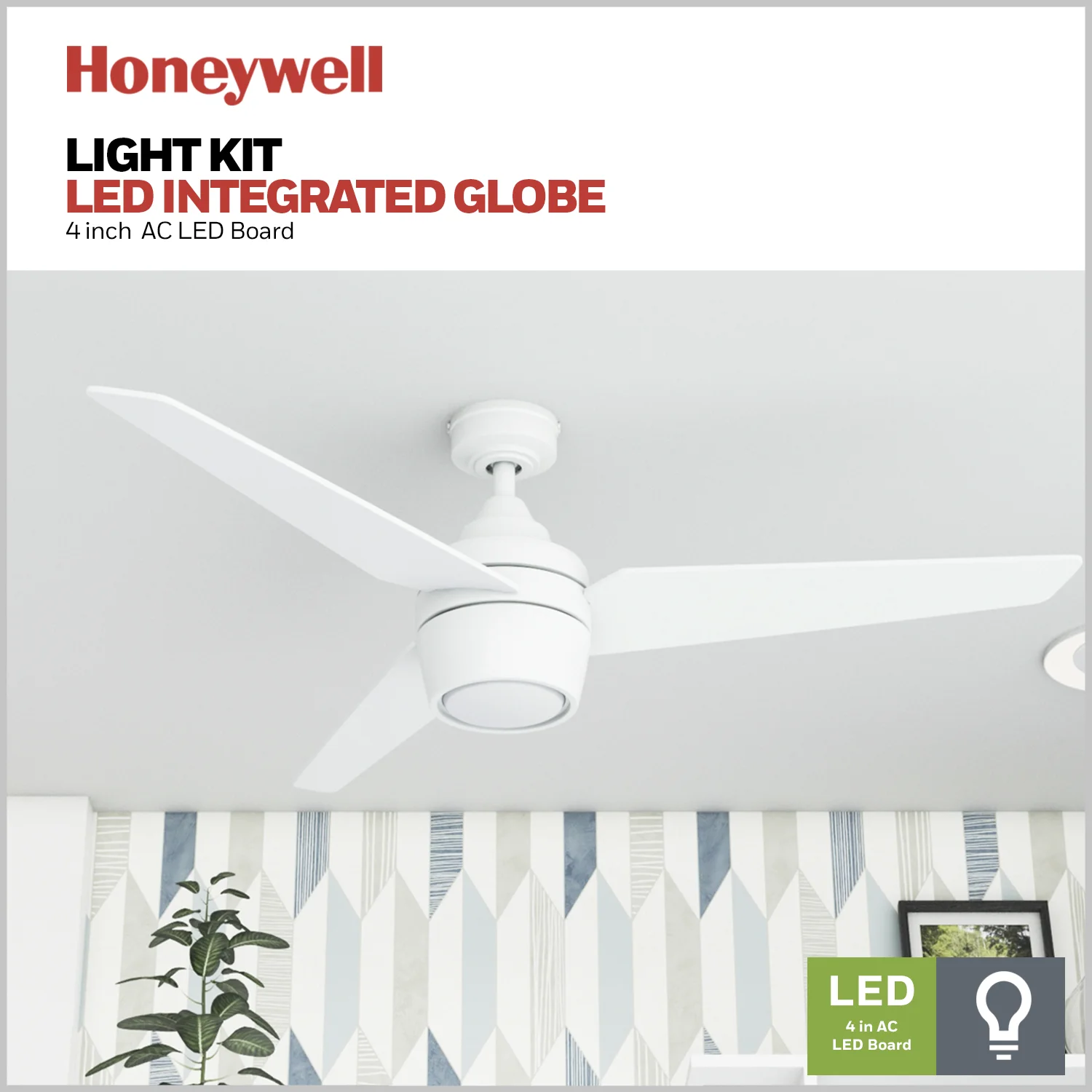 Honeywell Eamon 52' Modern Bright White Remote Control Ceiling Fan with Integrated LED Light, 3 Blade