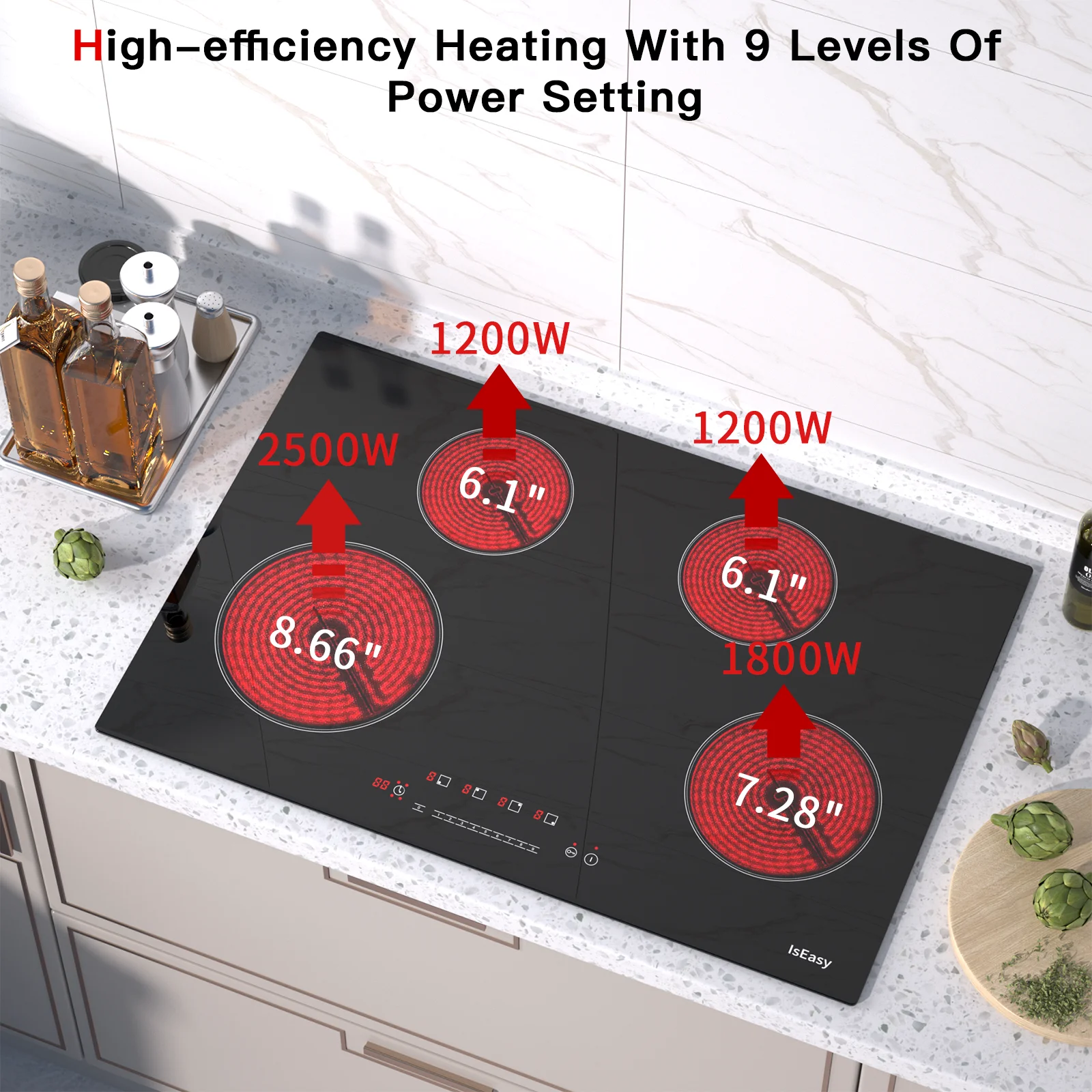 IsEasy Ceramic Cooktop, 30' 4 Burners Built-in Stove Top Electric Hot Plate Satin Glass cooktop in Black Touch Sensor Control/Timer/Child Safety Lock/9 Power Levelsr/220-240V 6700W