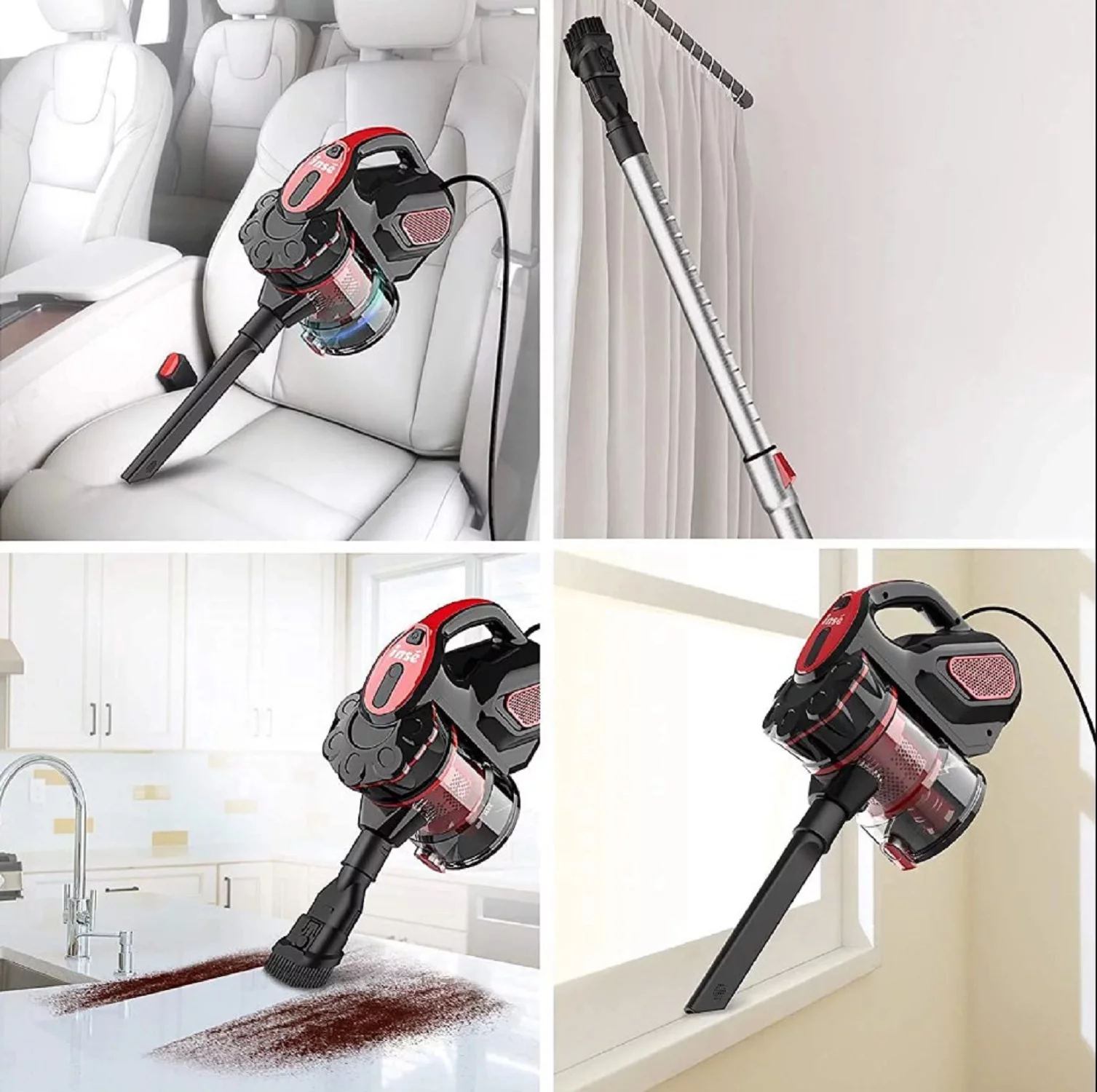 INSE Cord Vacuum Cleaner, 18KPa Home Vacuum Cleaners with 600W Motor, 3 in 1 Handheld Vacuum for Pet Hair Hard Floor Home, Red