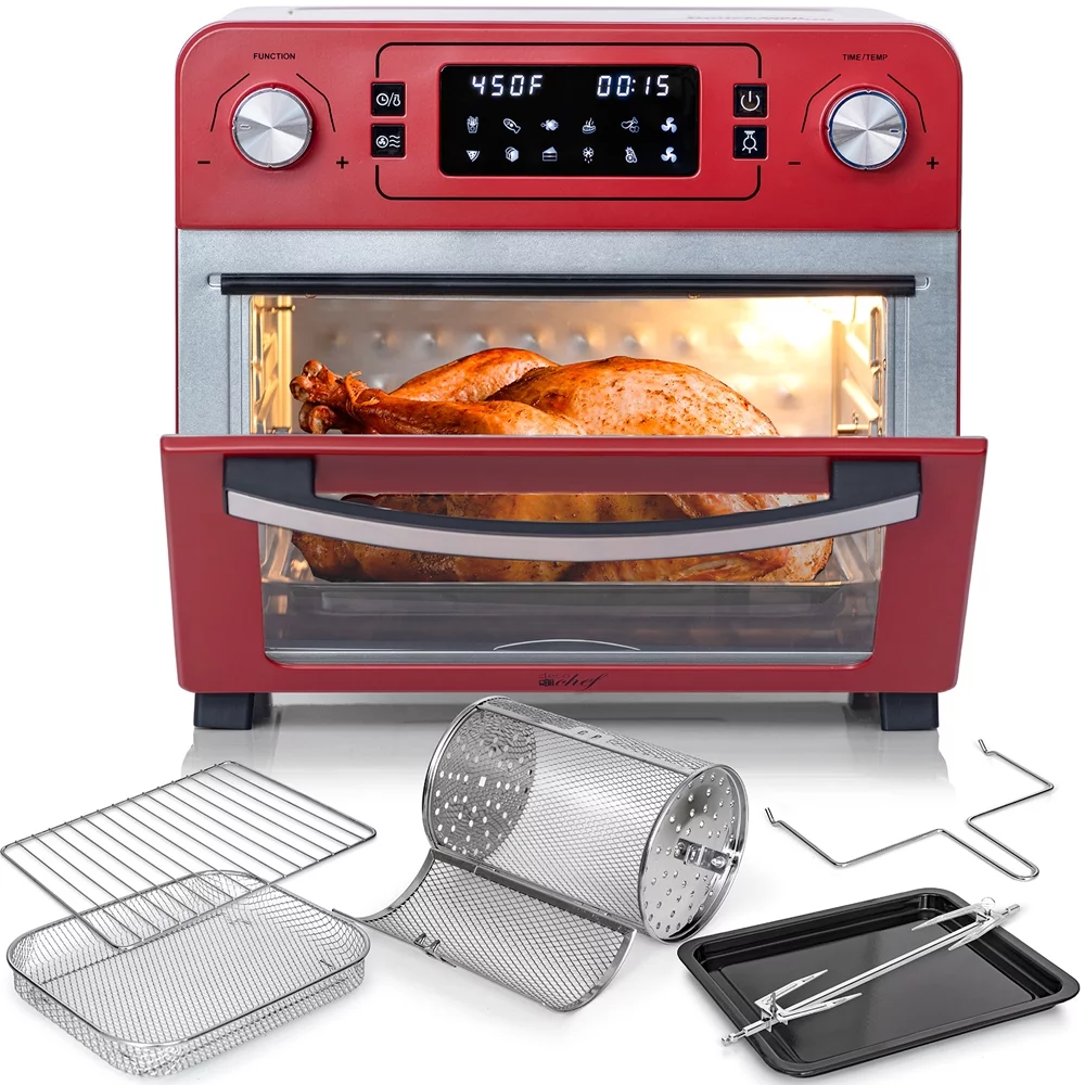 Deco Chef TQAIRRED 24QT Stainless Steel Countertop Toaster Air Fryer Oven with Accessories Red Bundle with 1 Year Extended Protection Plan