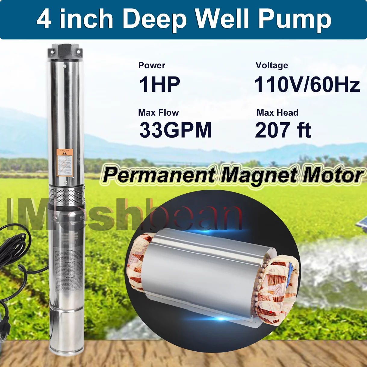 iMeshbean 1 HP 4' Deep Well Water Pump Submersible Stainless Steel 300FT 33GPM(110V 60Hz)