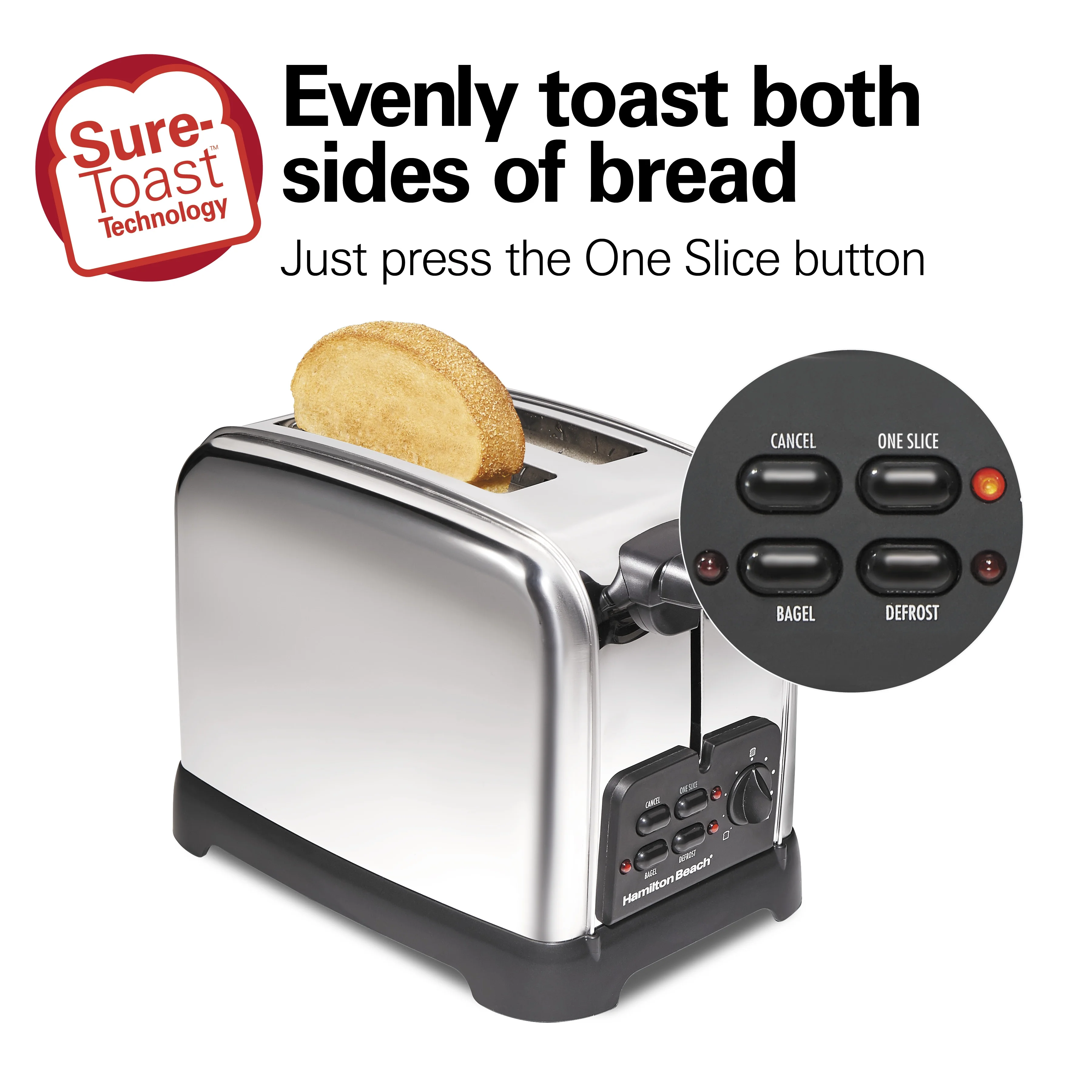 Hamilton Beach Classic Stainless Steel 2 Slice Toaster with Sure-Toast Technology & Toast Boost, Polished Stainless Steel Finish, 22782