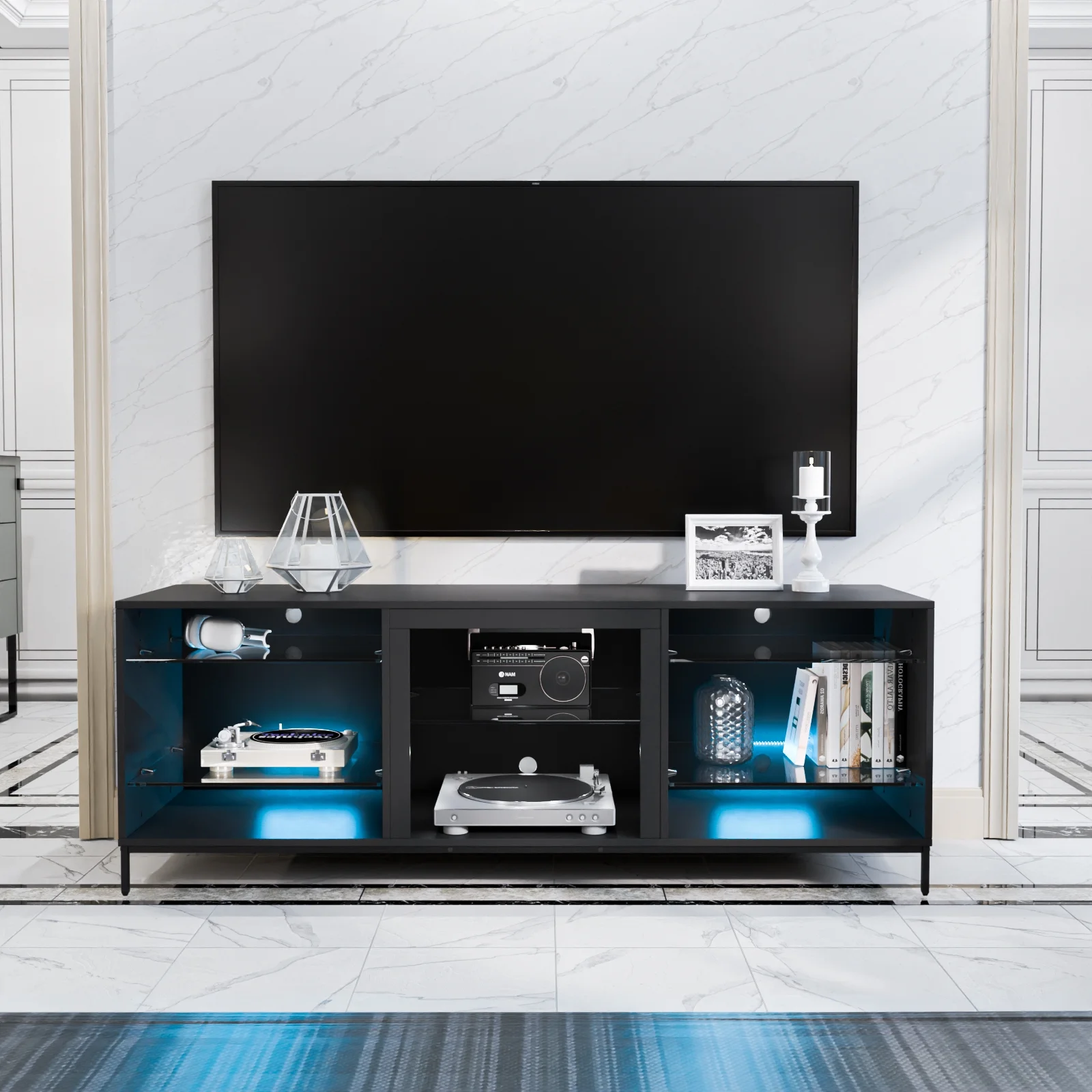 Hommpa TV Stand for 70' TV Modern Black Entertainment Center with LED Lights Media Console Cabinet Open Glass Storage Shelves for Gaming Living Room