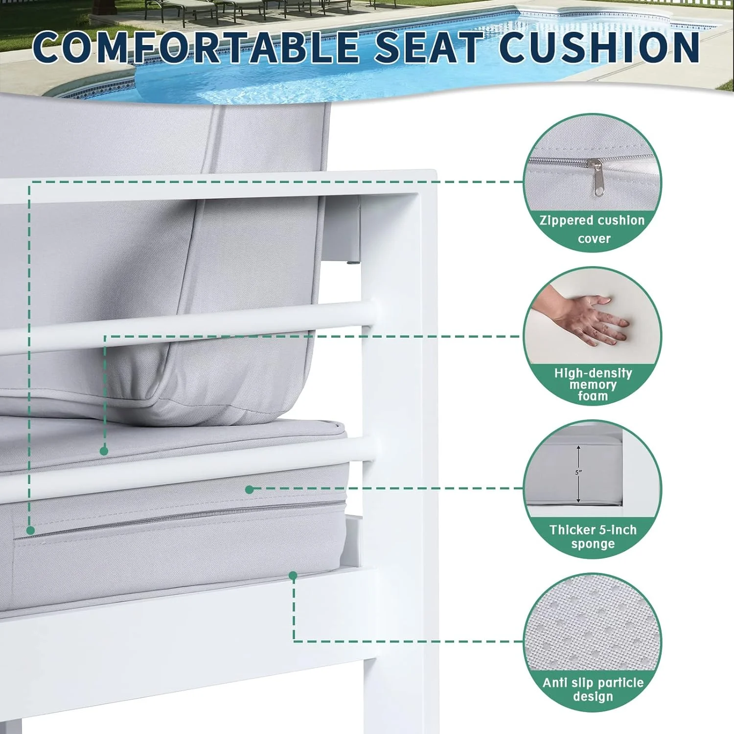 ELPOSUN Patio Furniture Metal Couch, 3-Seat All-Weather Modern Aluminum Outdoor Sofa Chair w/ 5 Inch Cushions, White and Light Grey (Include Waterproof Sofa Covers)