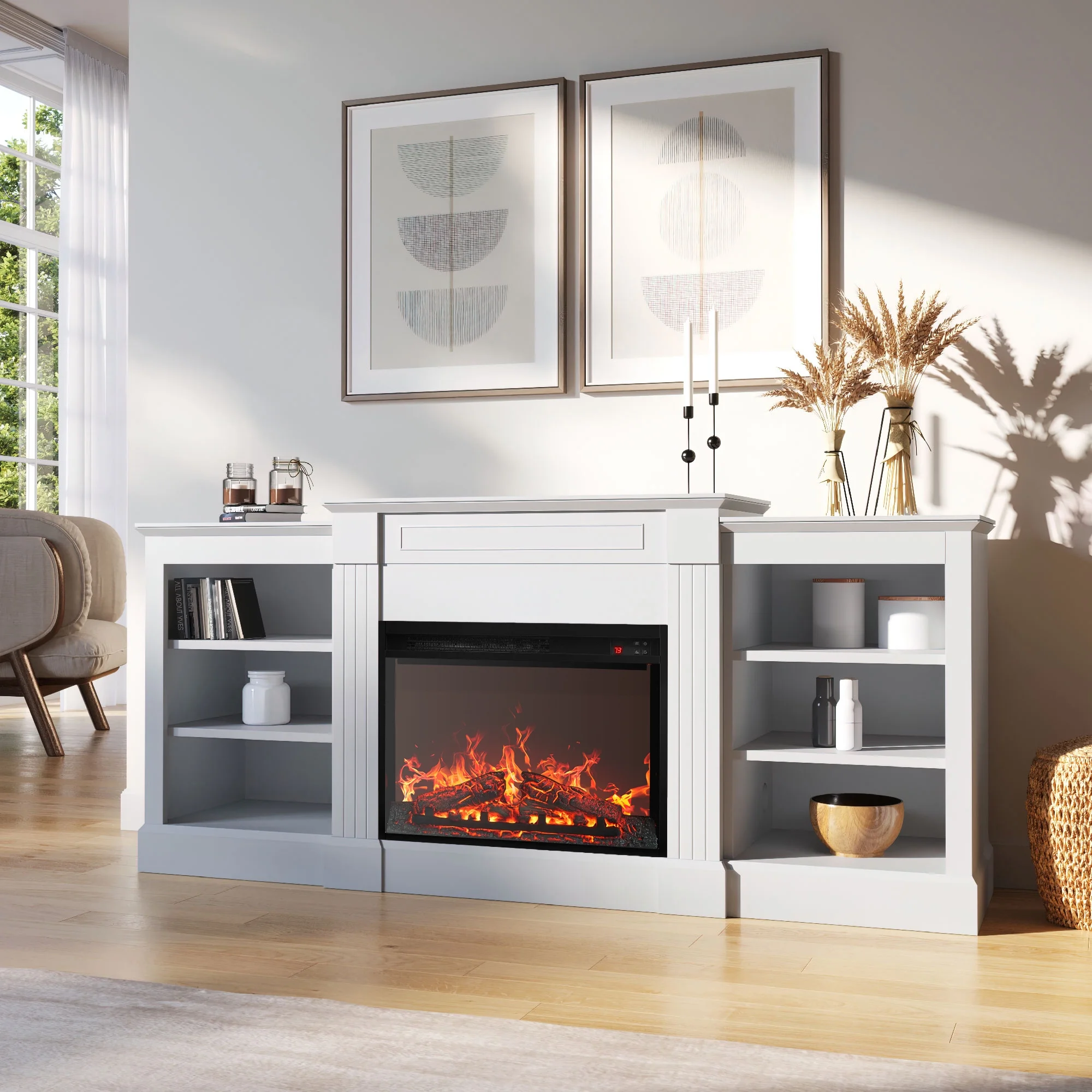 BELLEZE 66' Mantel TV Stand Entertainment Center For TVs up to 66' with 23' Fireplace - Lenore (White)