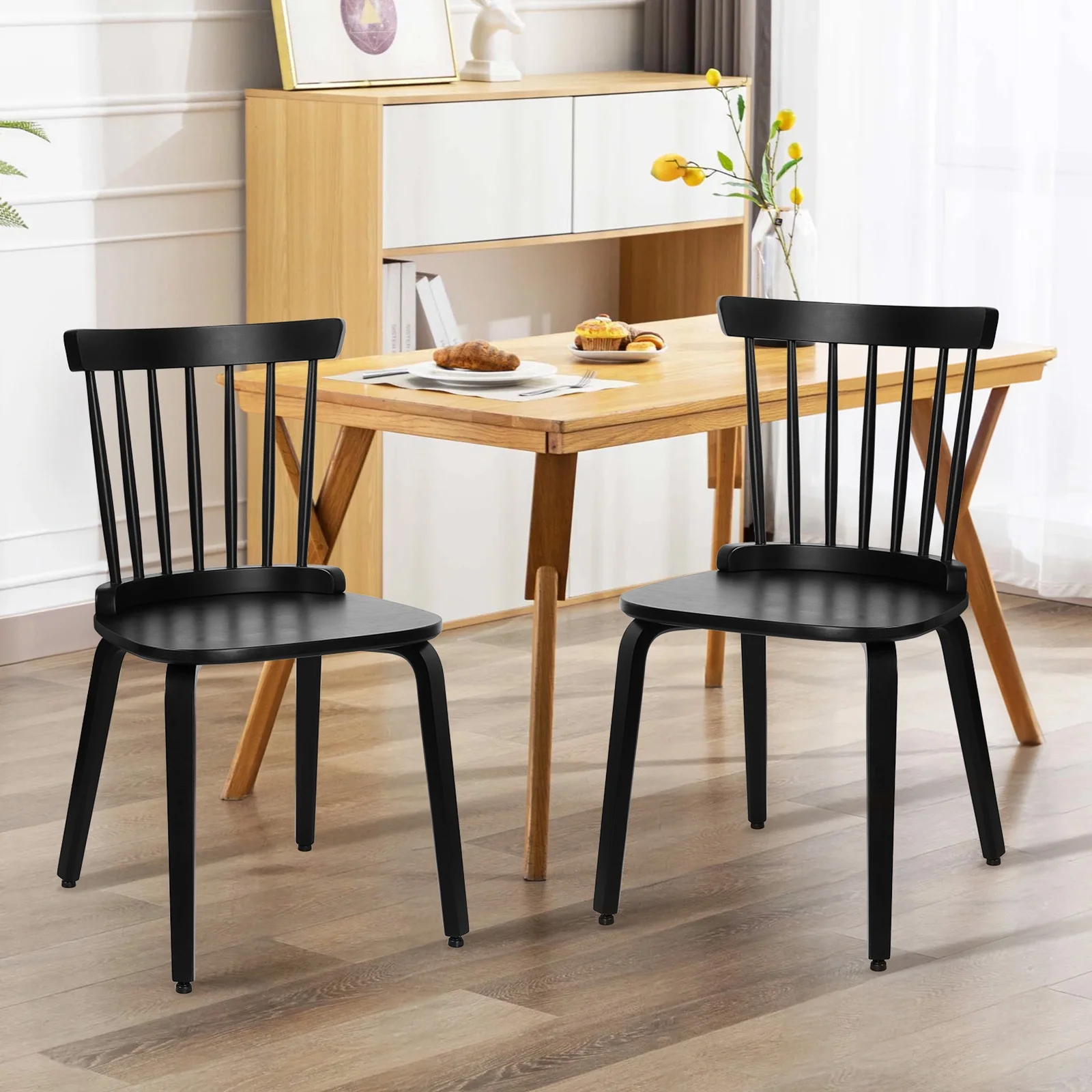 Black Dining Chairs Set of 6 Windsor Chairs with Bentwood Legs Farmhouse Spindle Back Dining Chair, Vintage Mid-Century Country Style, Solid Wood Armless Kitchen Side Chairs