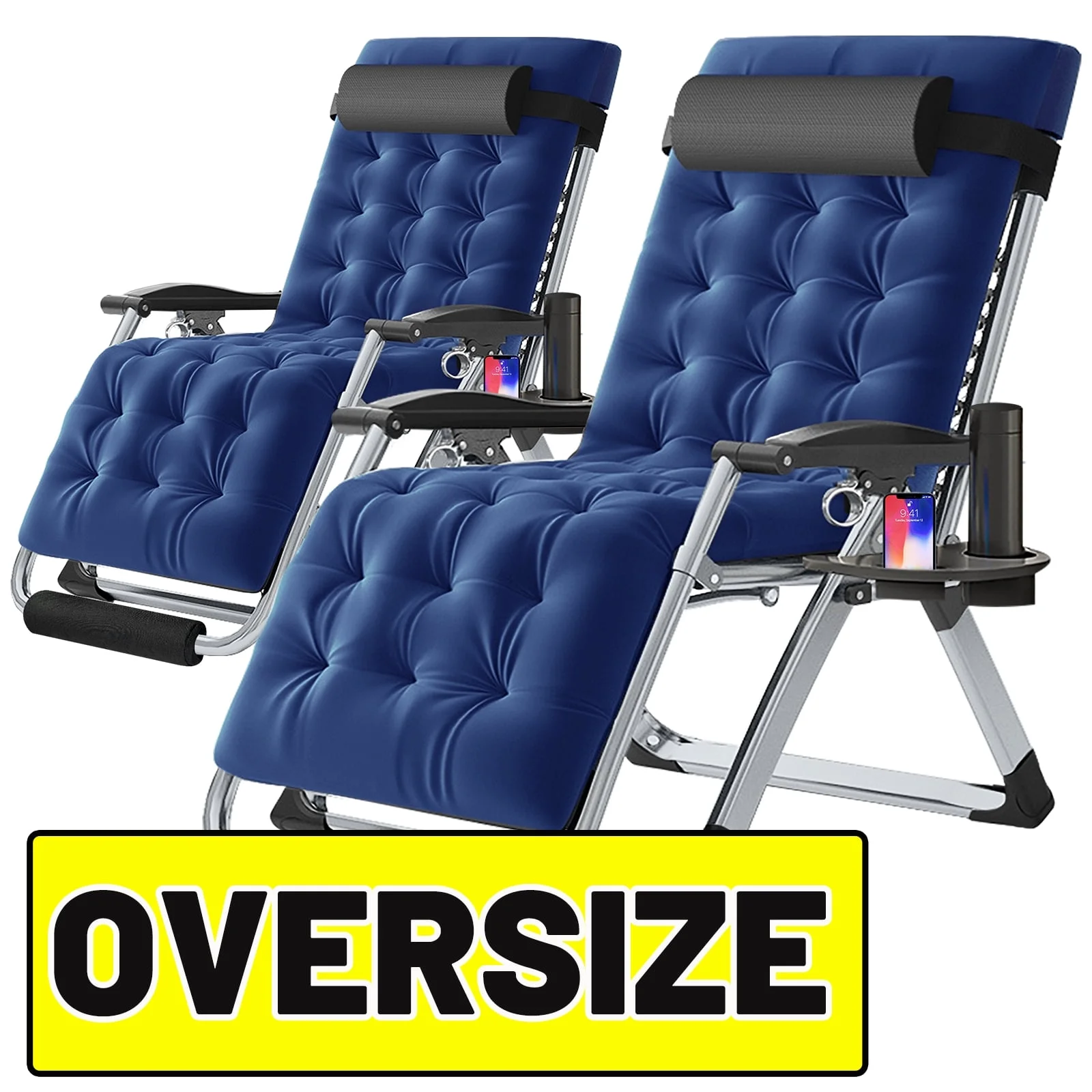 ABORON Oversized XXL Zero Gravity Chairs Set of 2, Folding Recliner Lounge Chair, Portable Chaise with Detachable Soft Cushion, Cup Holder, Headrest