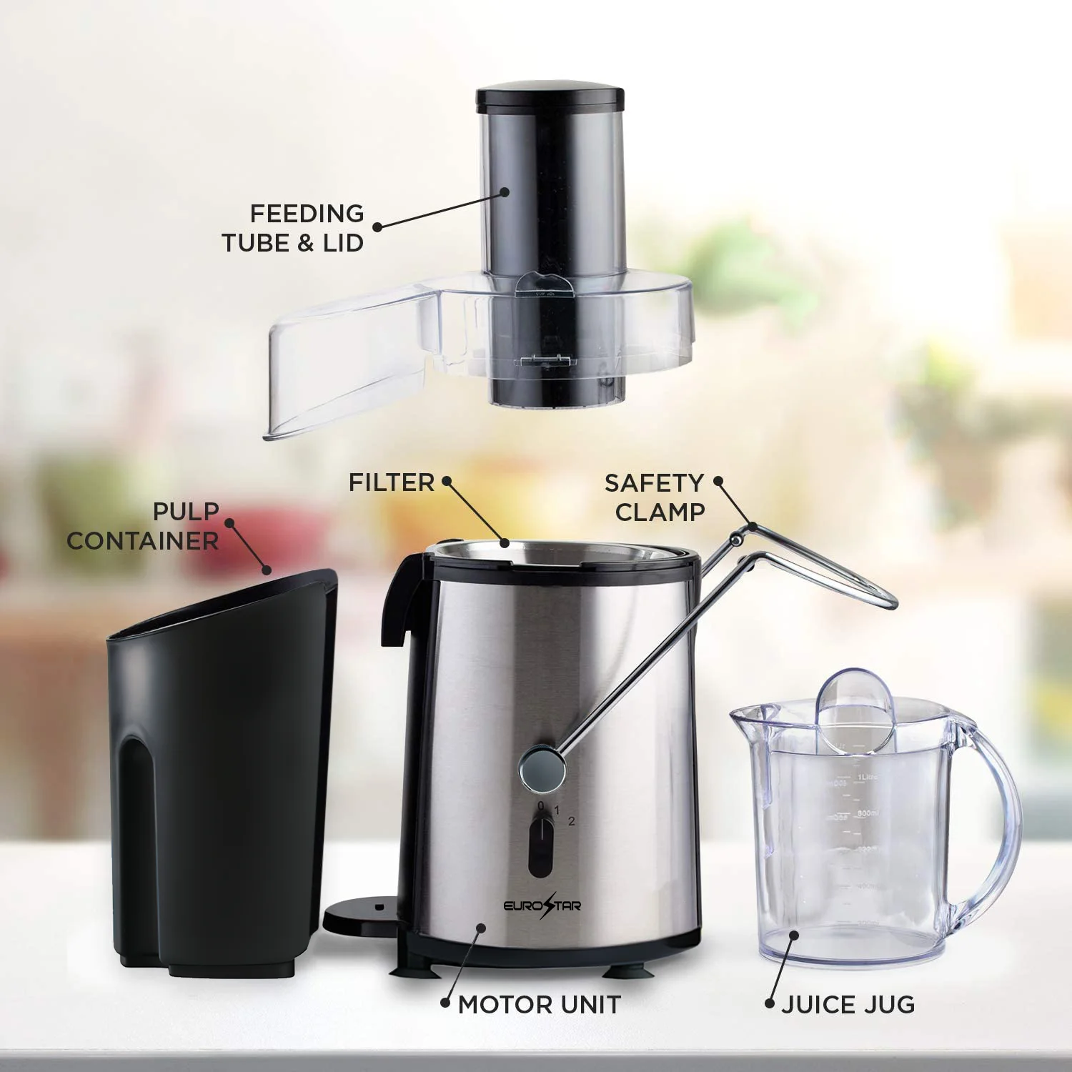 Eurostar Juice Extractor with Big Mouth 3' Feed Chute, 2-Speeds, 700w, Black