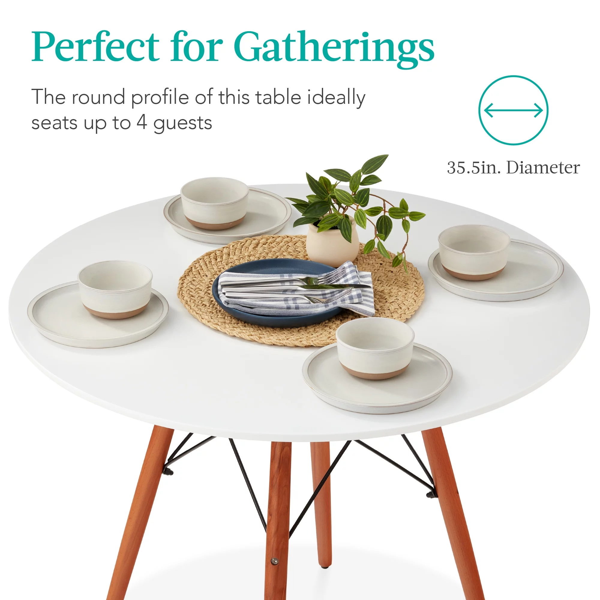 Best Choice Products 35.5in Round Compact Mid-Century Modern Dining Table w/ Beech Wood Legs, Metal Frame - White