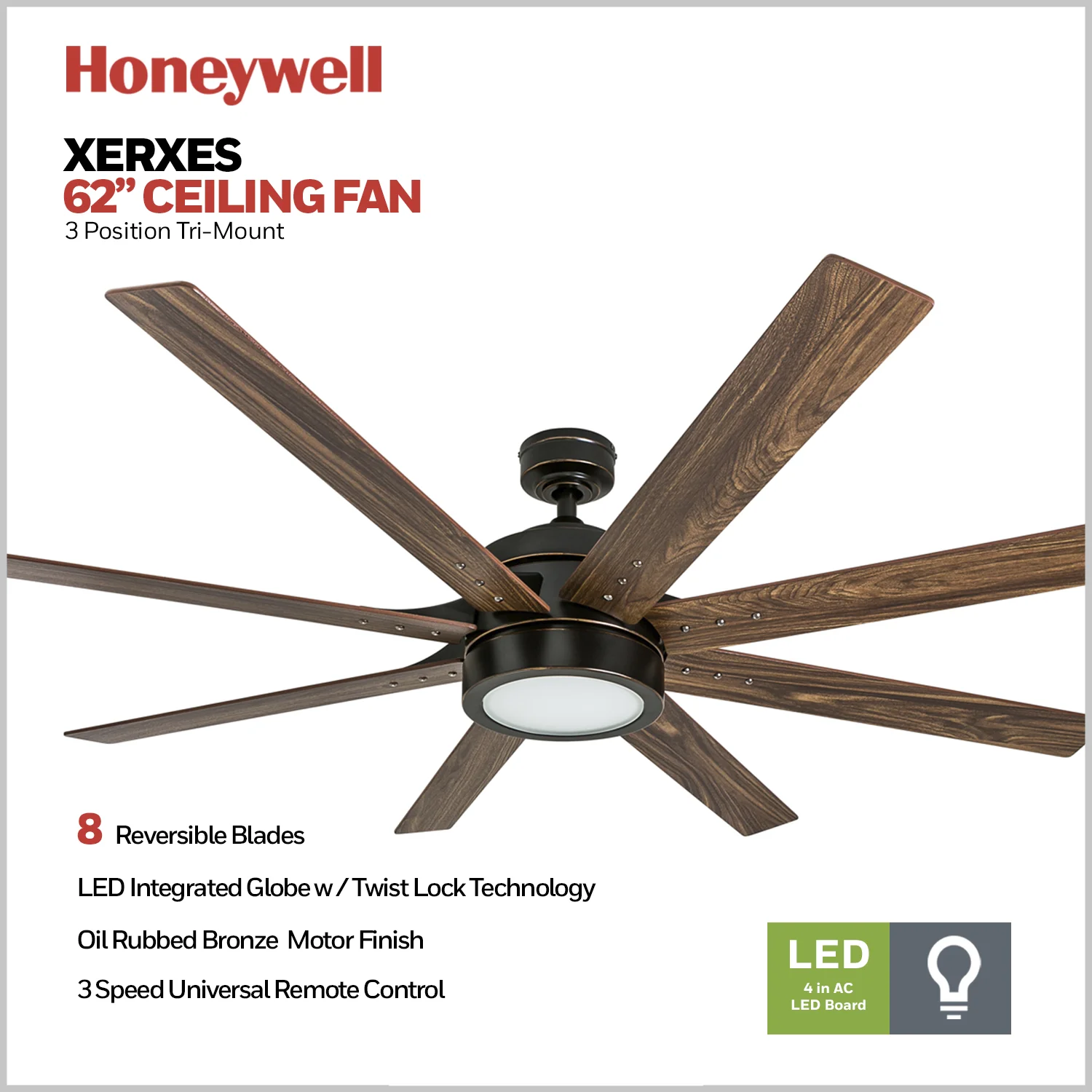 Honeywell Xerxes 62' Espresso LED Remote Control Ceiling Fan, 8 Blade, Integrated Light