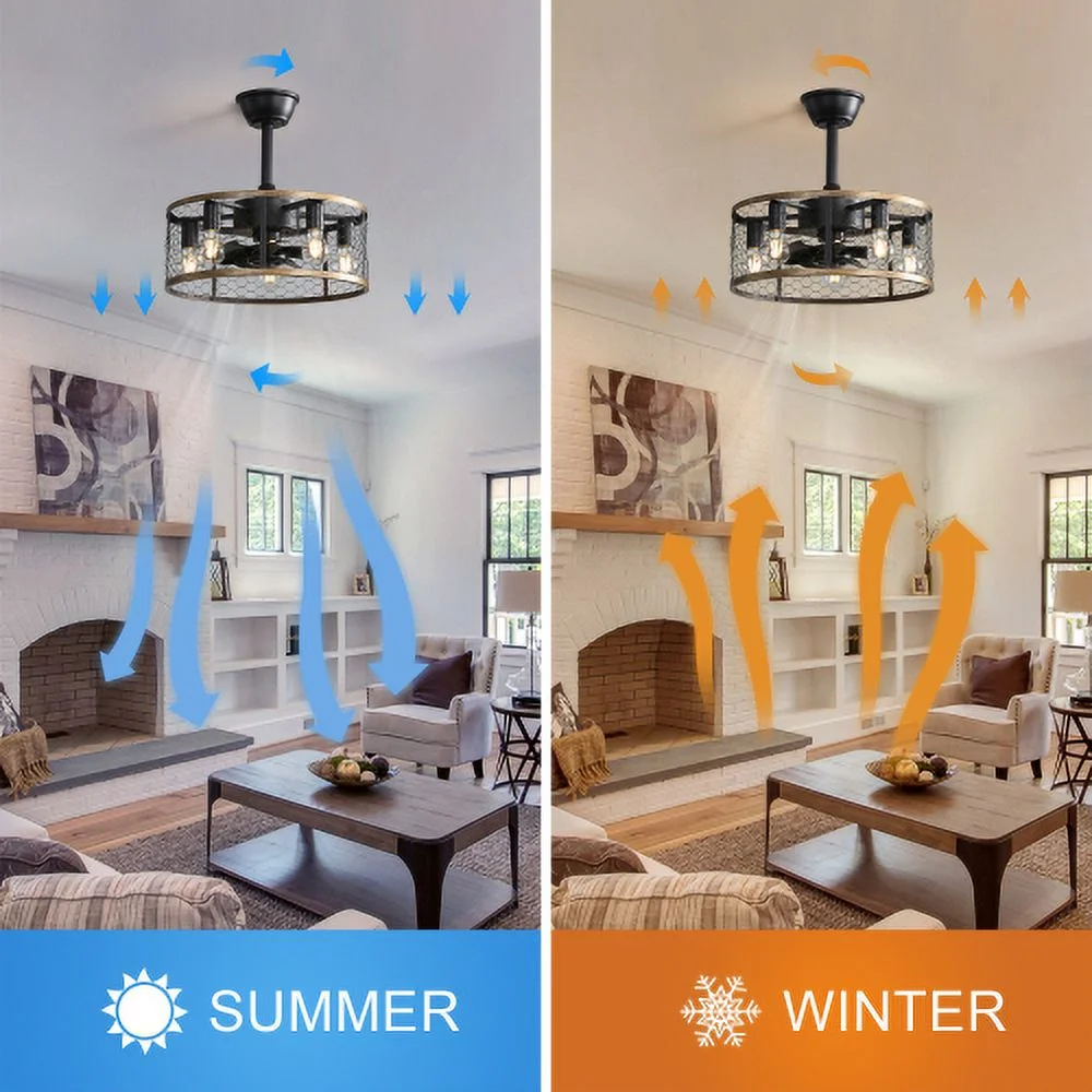 CHELE 20' Caged Ceiling Fan with Light, 7-ABS Blades Remote Control, Farmhouse Fan Lights Ceiling for Kitchen, Bedroom��6 Speed, Timing��- Black