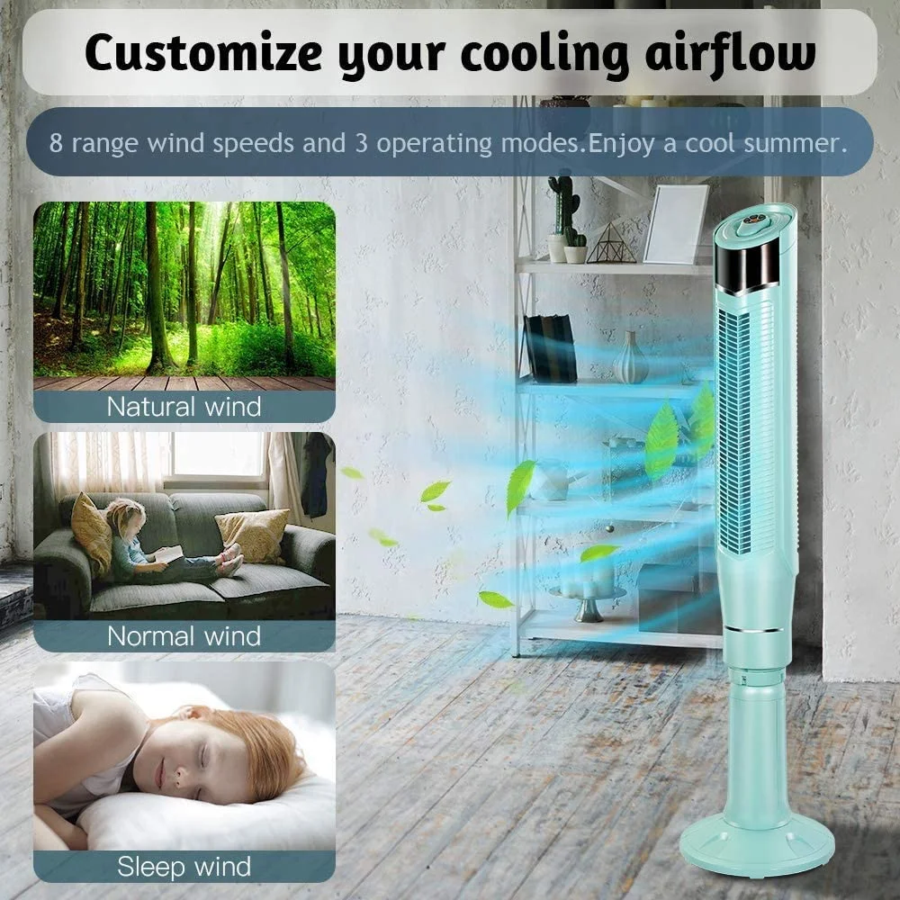 KISSAIR 59 inch Portable Oscillating Quiet Tower Fan with Remote Control,3 Modes and 8 Wind Speed Setting, Built in 24 H Timer LED Display Powerful Standing Fan (59 inch, Green)