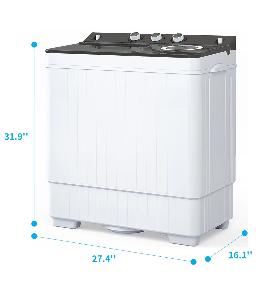 COOKCOK Compact Twin Tub Portable Mini Washing Machine 26lbs Capacity, Washer(18lbs) & Spiner(8lbs), Built-in Drain Pump, Semi-Automatic, White