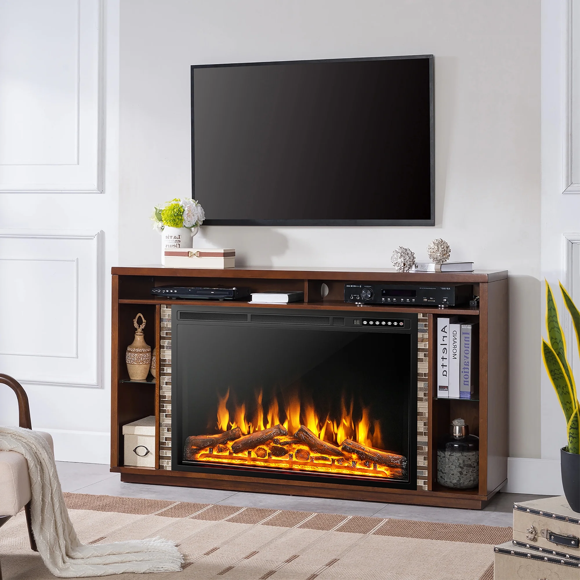 Costway 37''Electric Fireplace Insert Heater Log Flame Effect w/ Remote Control 1500W