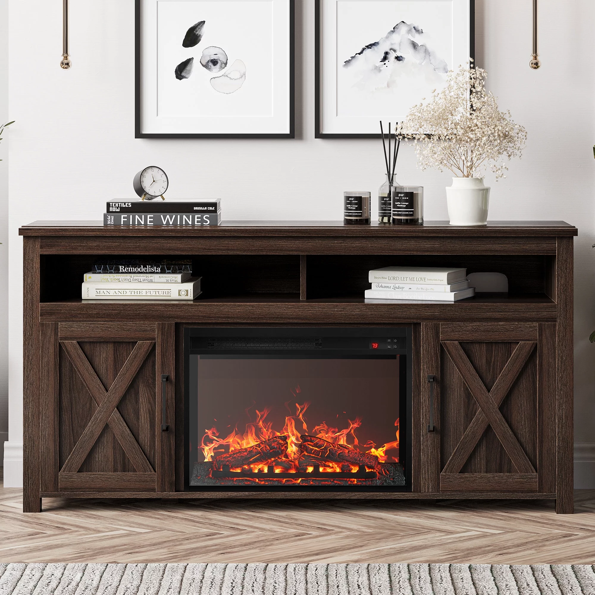 BELLEZE 58' Barn Door TV Stand Media Entertainment Center For TVs up to 65' wiht 23' Fireplace - Corin (Dark Walnut)