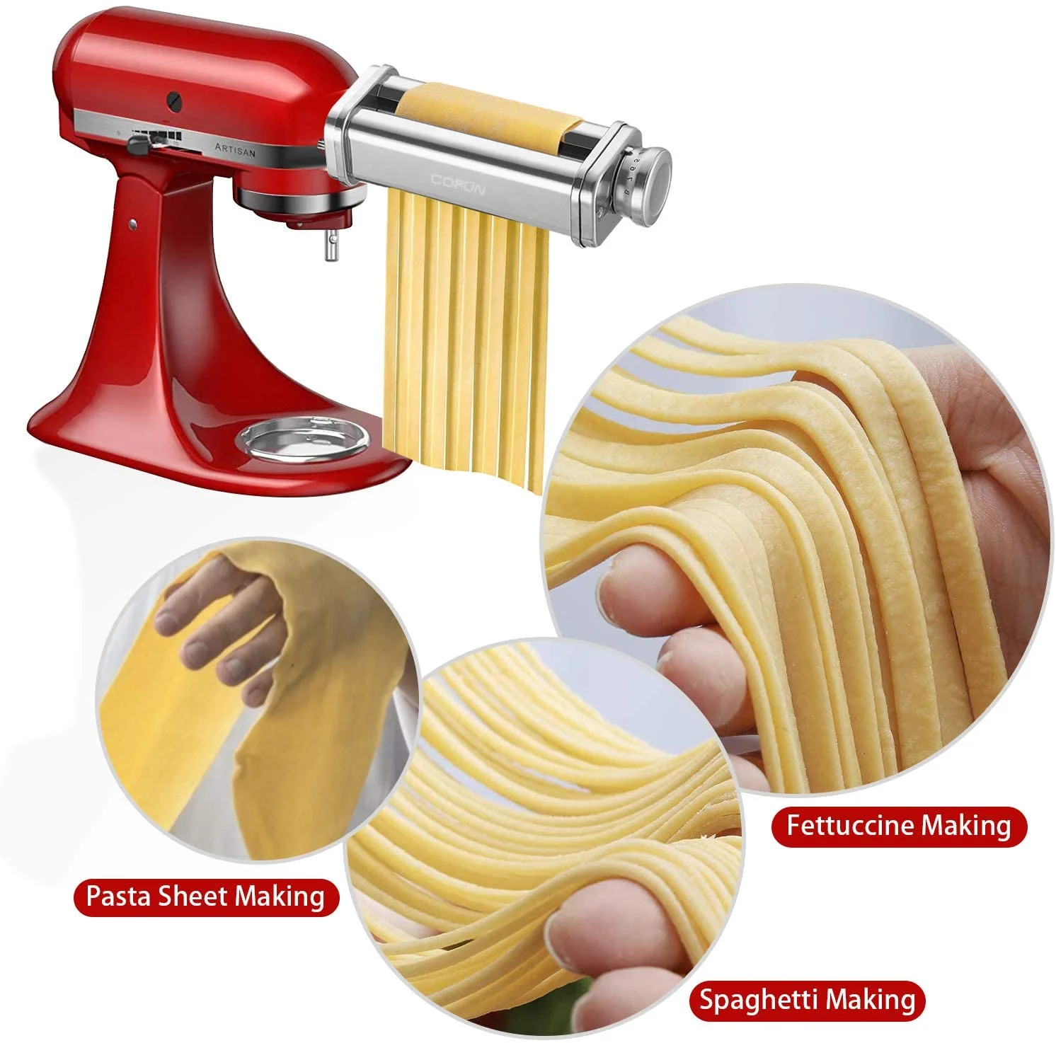3-Piece Pasta Roller & Cutter Set Attachment for KitchenAid Stand Mixers,Stainless Steel Pasta Maker Accessory by Cofun