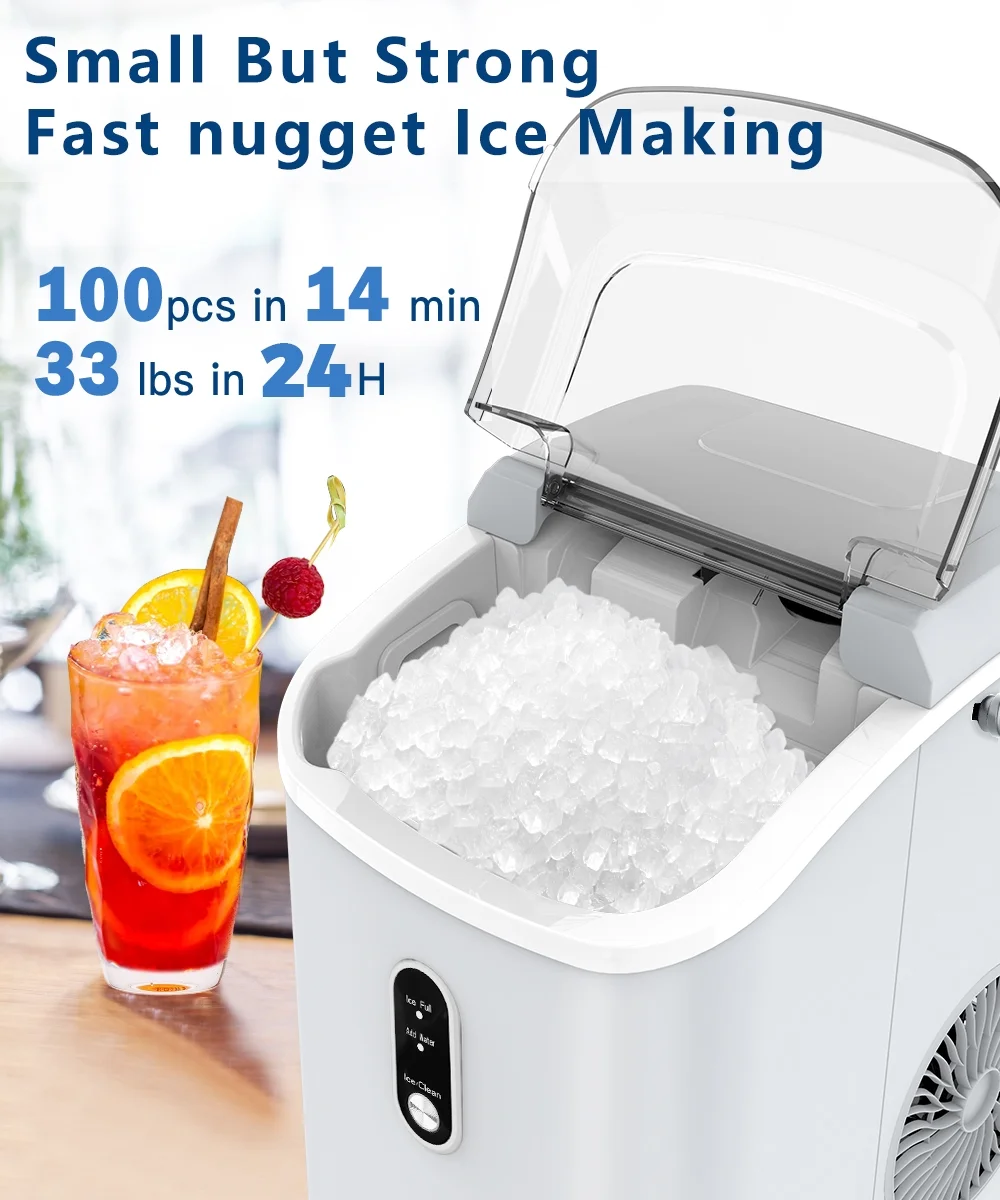 Besttey 33lbs Countertop Nugget Ice Maker, Potable with Scoop,?Soft Nugget Ice Ready in 10mins, Gray