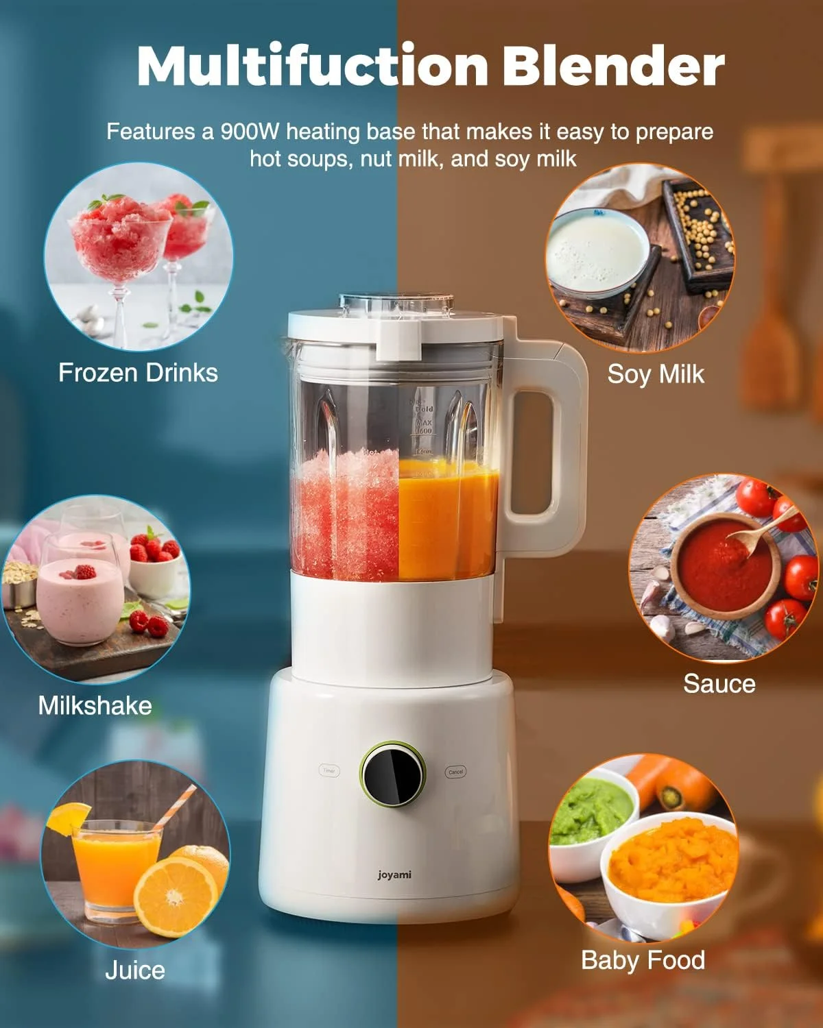 JOYAMI Countertop Food Blender, Hot Soup Maker, Mijia App Control, Adjustable 9-Speed, Auto-shutoff, 56OZ