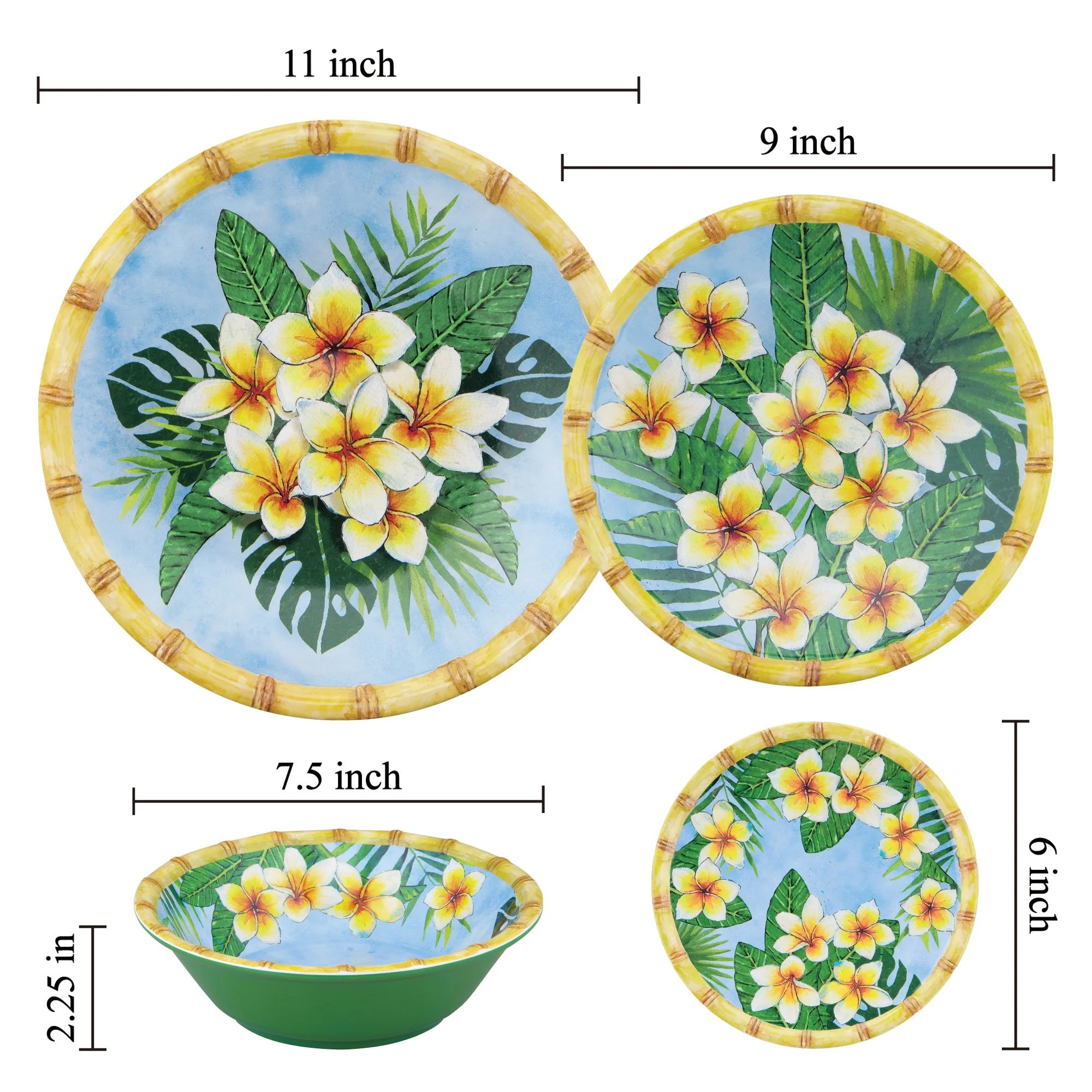 Gourmet Art 16-Piece Bamboo Plumeria Heavyweight and Durable Melamine Dinnerware Set, Service for 4. Includes Dinner Plates, Salad Plates, Dessert Plates and Bowls, Everyday Use.