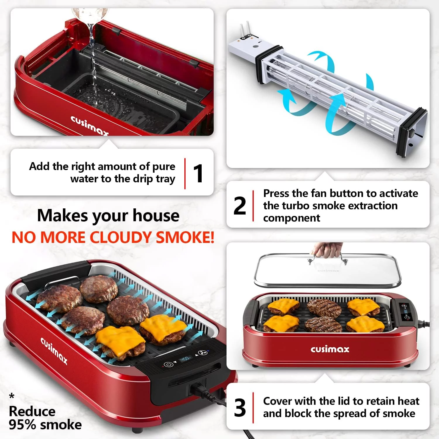 Cusimax Smokeless Indoor Electric Griddle Grill,1500W Portable Korean BBQ Grill with LED Smart Display & Tempered Glass Lid, Non-stick Removable Grill & Griddle Plate, Red