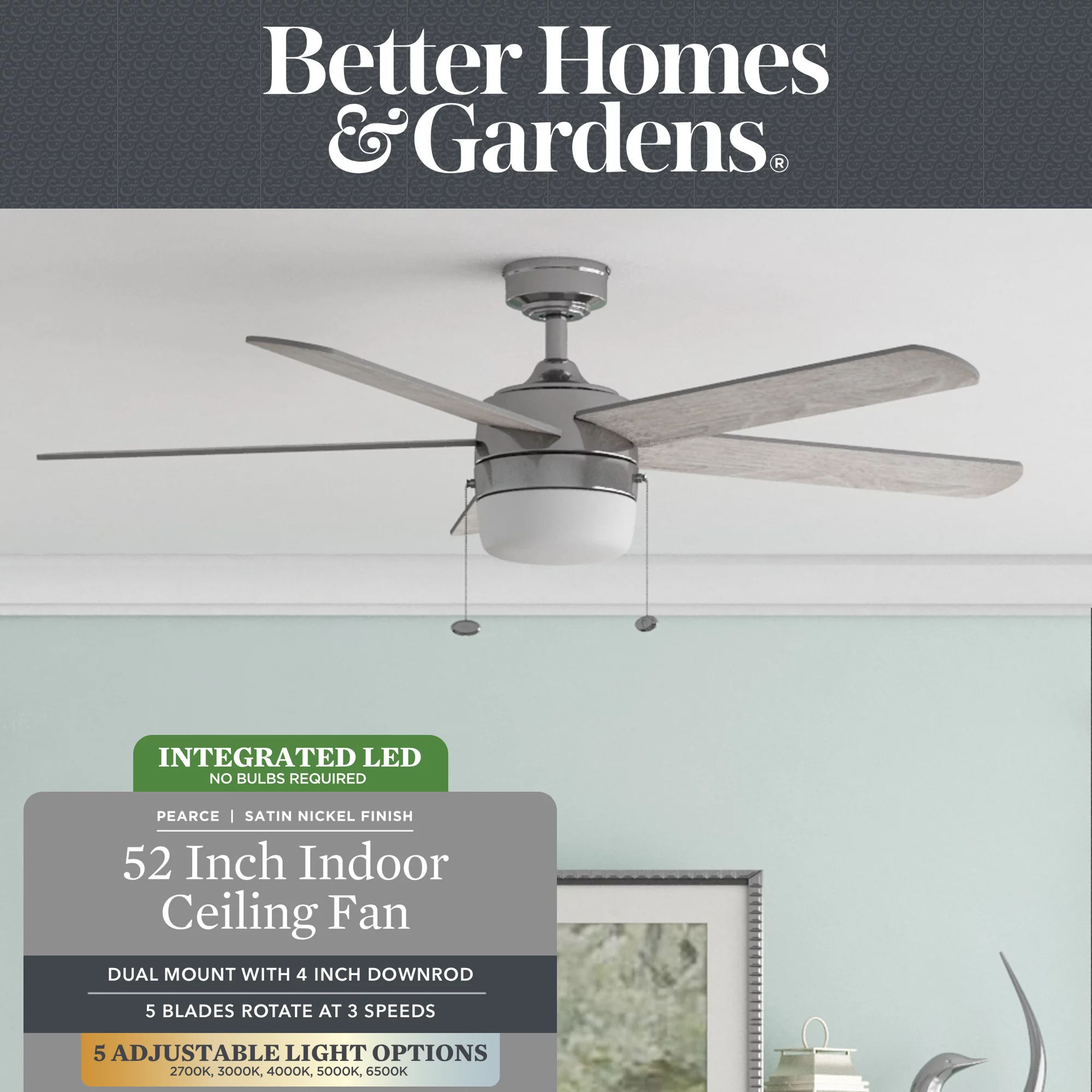 Better Homes & Gardens 52' Pearce Nickel Indoor Ceiling Fan with Light, Adjustable Color Temperature & Reverse Airflow