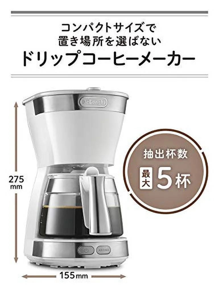 Delonghi Drip Coffee Maker White Active Series [for 5 cups] ICM12011J-W