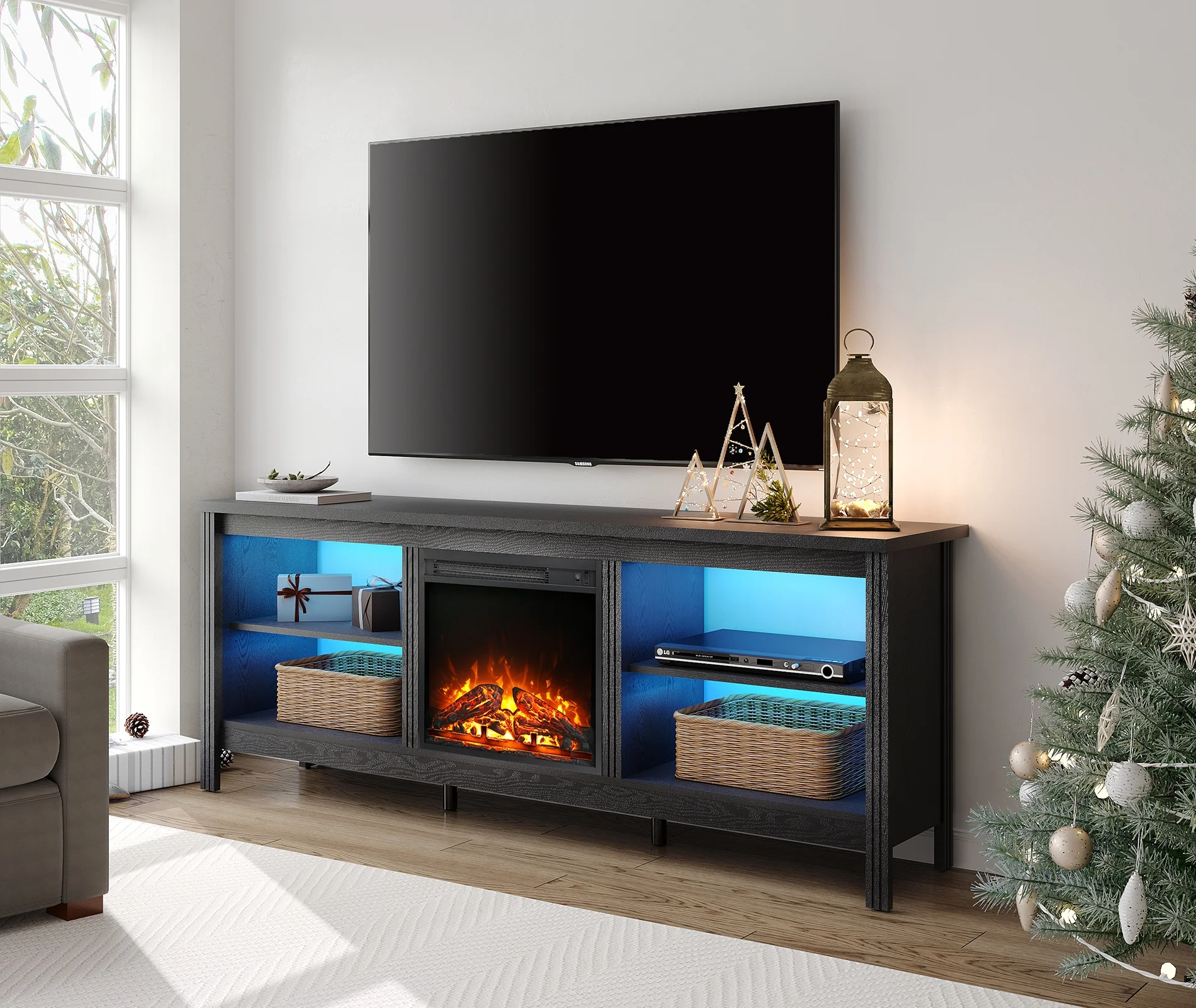 Fireplace TV Stand for 75 Inch TV Entertainment Center, LED Lights Wood TV Console Table with 4 Storages for Living Room Bedroom, 70'' White