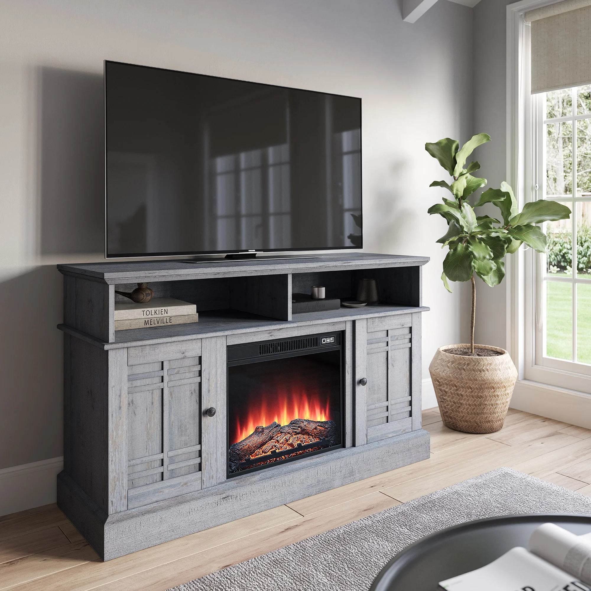 BELLEZE 48' TV Stand Entertainment Center For TVs up to 50' w/ Fireplace - Norrell (Light Gray)