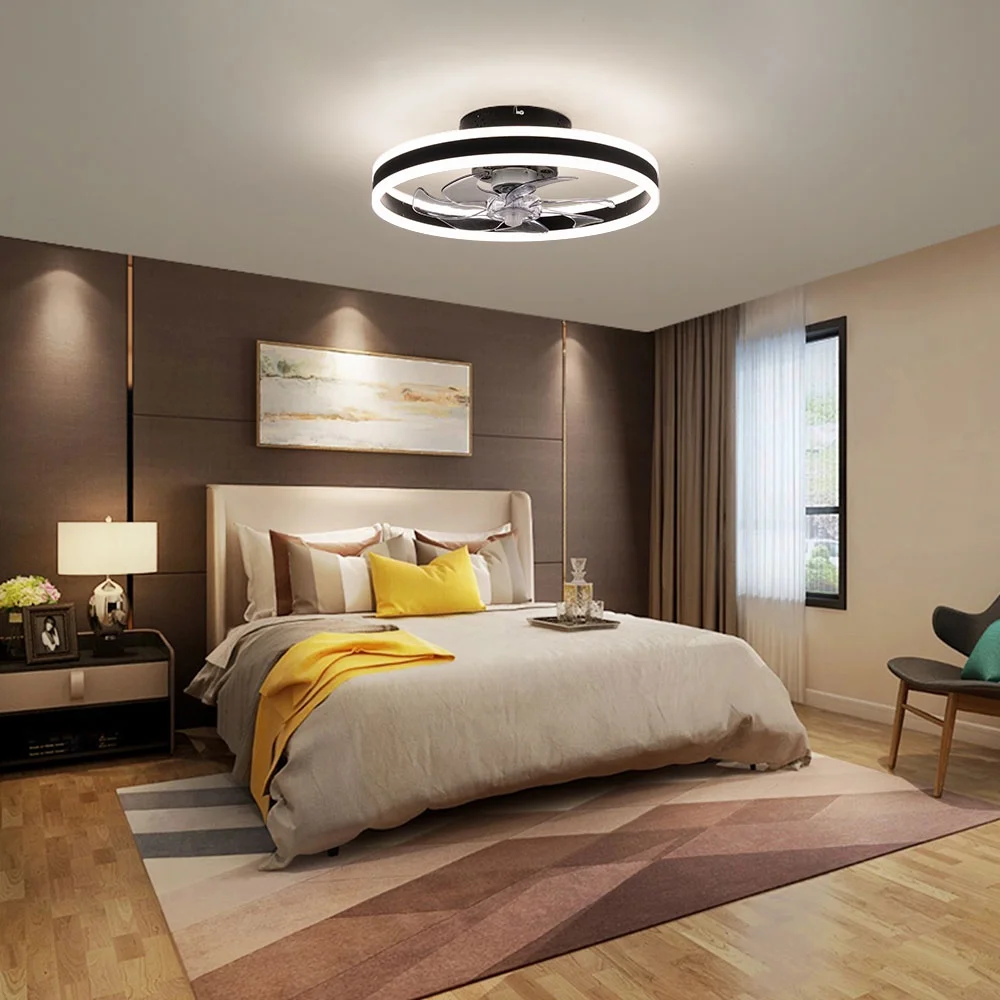 ANQIDI 20' Modern Invisible Blades Ceiling Fan Light Tri-color Round Indoor Flush Mount LED Lighting Fan Black with Remote