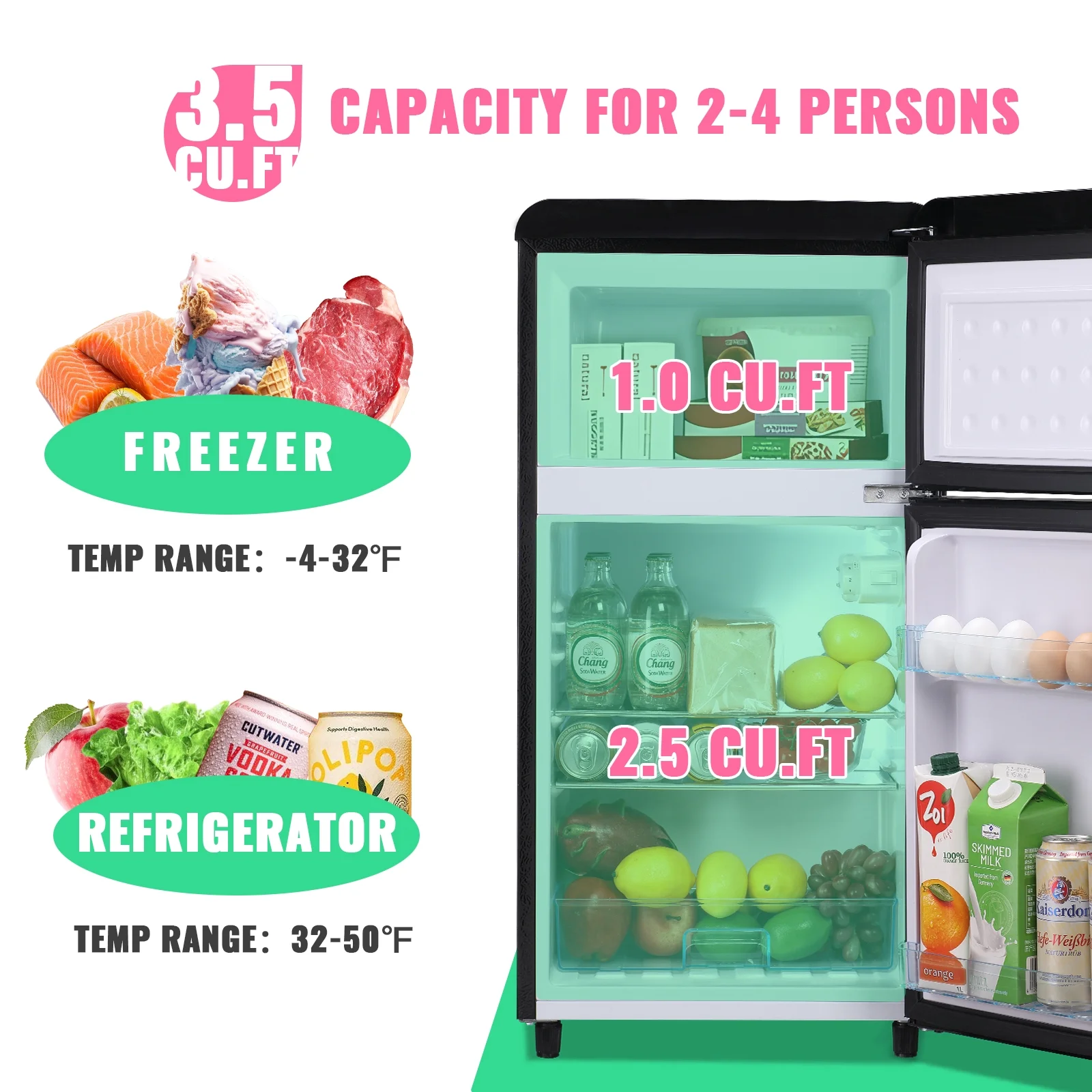 DEMULLER 3.5 Cu. ft Mini Fridge Double Door Refrigerator 7 Adjustable Temperature Control Black