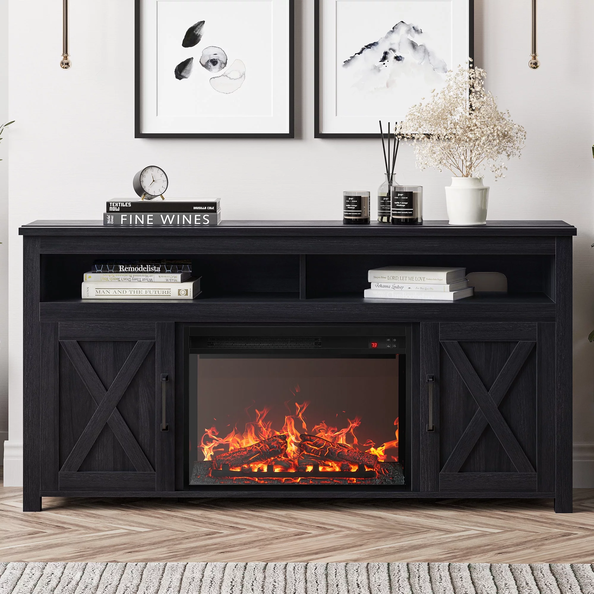 BELLEZE 58' TV Stand with 23' Electric Fireplace, Barn Door TV Stand for TVs up to 60