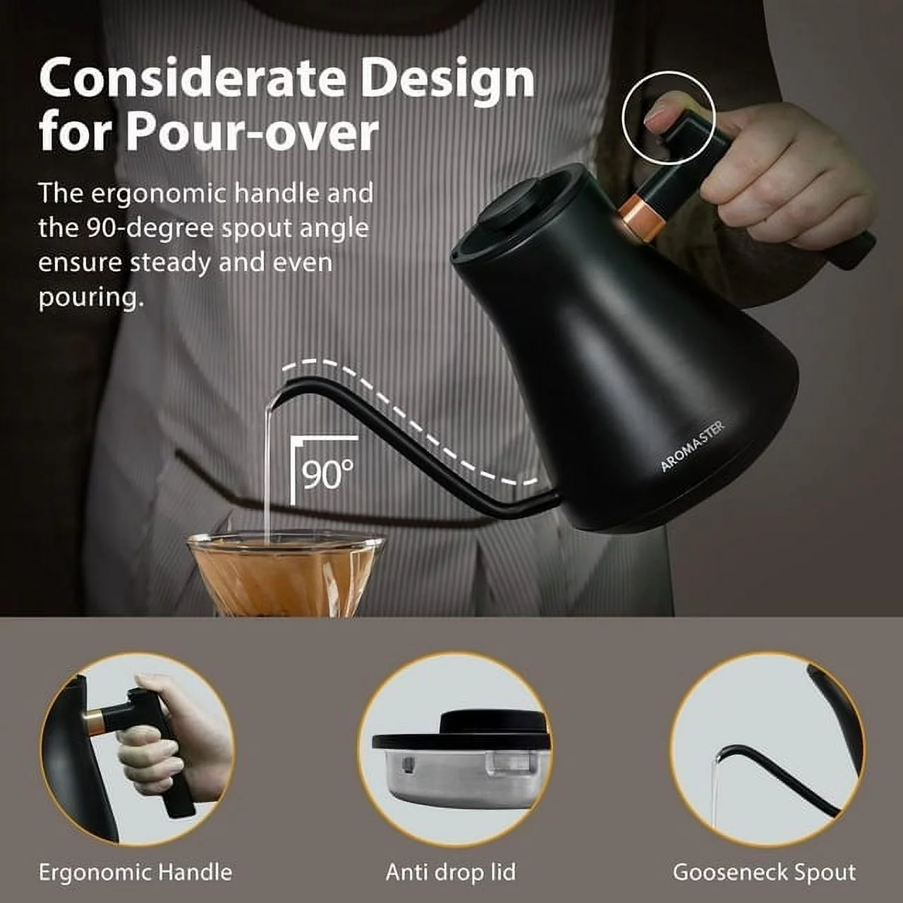 Aromaster? Gooseneck Kettle with Temperature Control, Electric Pour Over Coffee Tea Kettle, Stainless Steel,2H Keep Warm,1200 Watt Quick Heating Tea Pot,Auto Shutoff Boil-Dry Protection,0.9L,Black