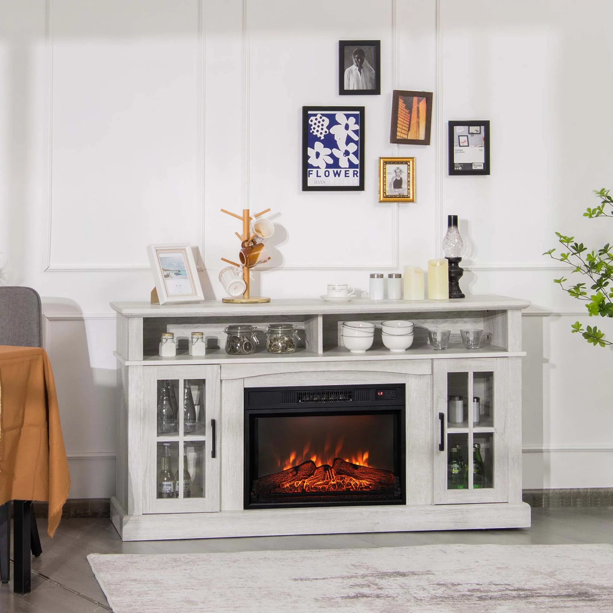 Costway 58' Fireplace TV Stand W/ 1400W Electric Fireplace for TVs up to 65 Inches Grey