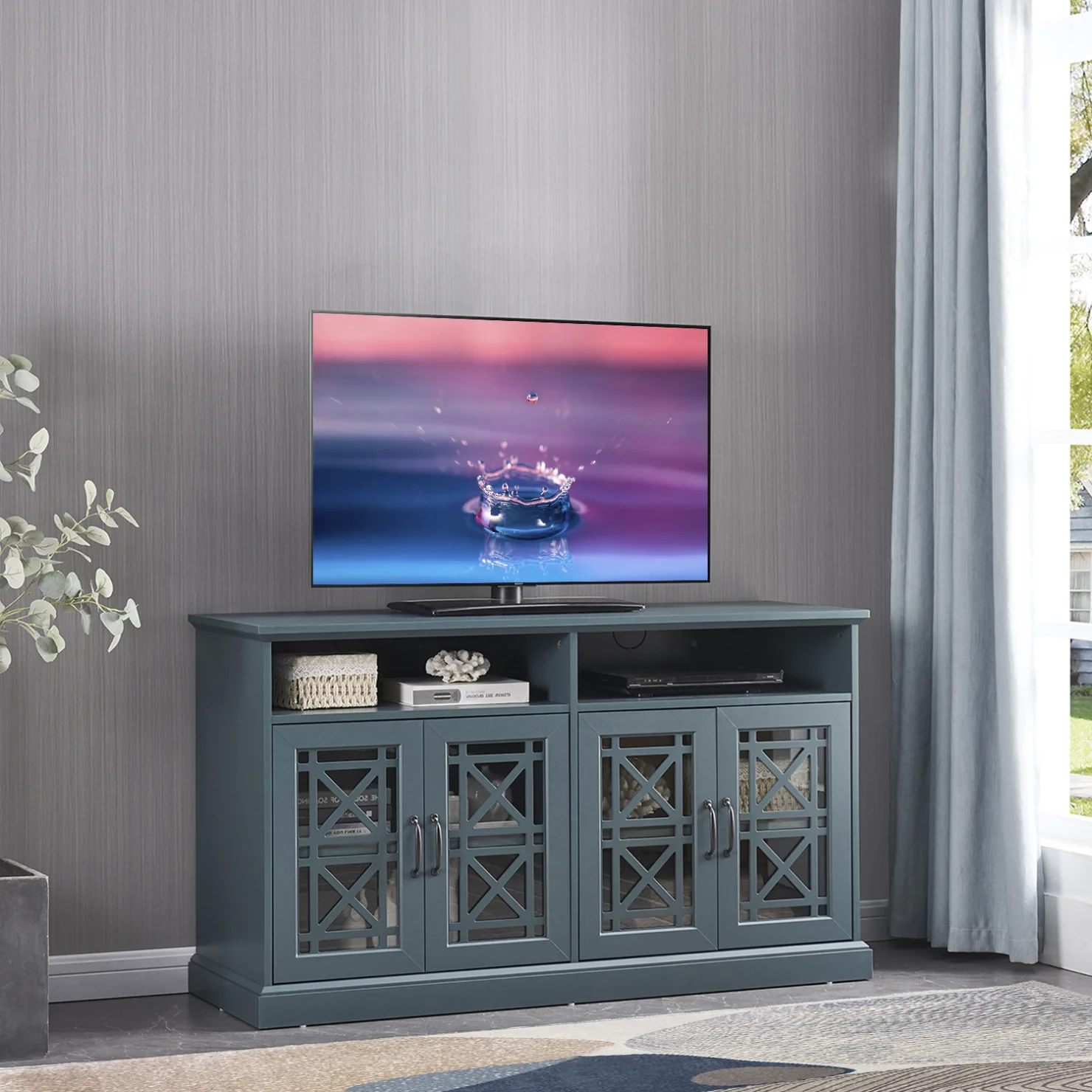 53�� Wooden TV Stand Console Table,Storage Cabinet with Glass Door and Adjustable Shelves,Sideboard Buffet Cabinet for Kitchen Dining Room Living Room Cupboard,Dark Teal