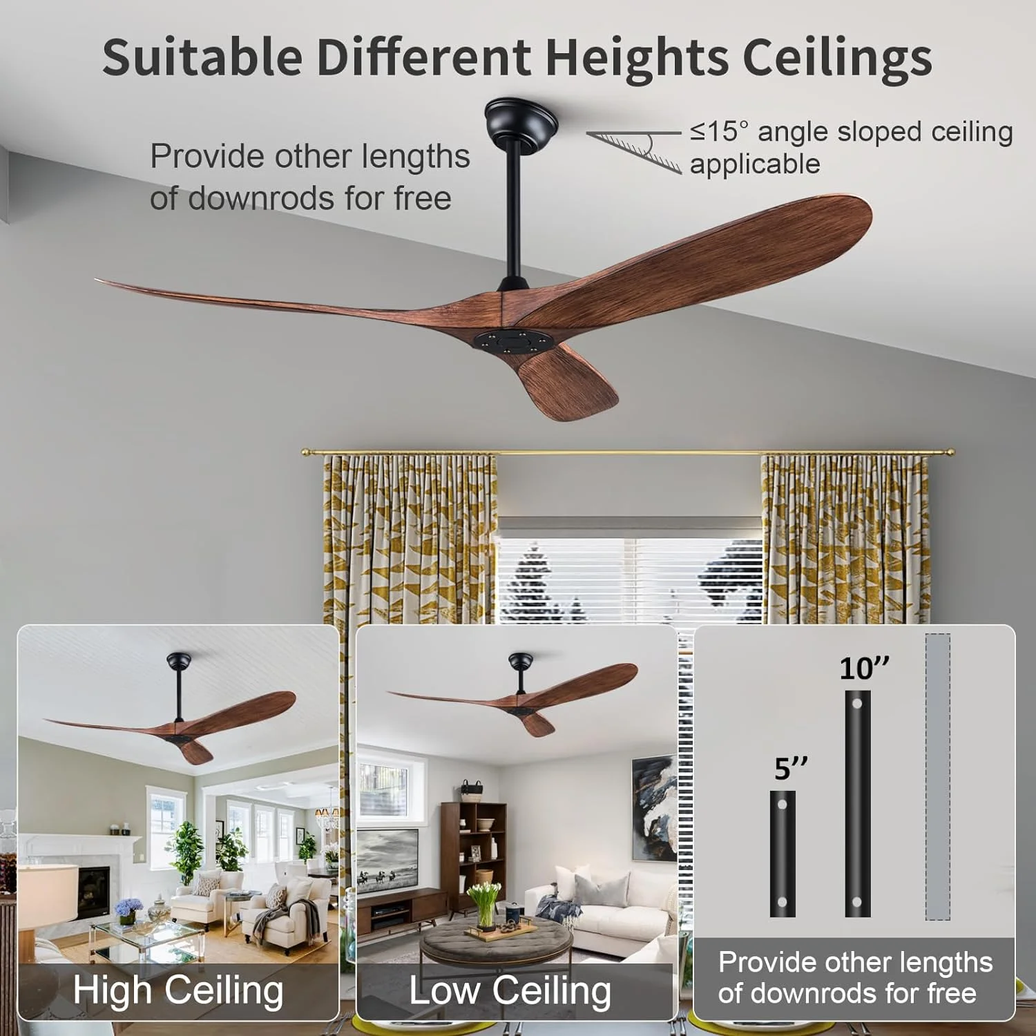 60 Inch Outdoor Ceiling Fan no Light,6 Speed Remote Control,Black Ceiling Fans without Lights,Reversible Motor,3 Blades, Outdoor Fans for Patios,Indoor for Living Room,Bedroom