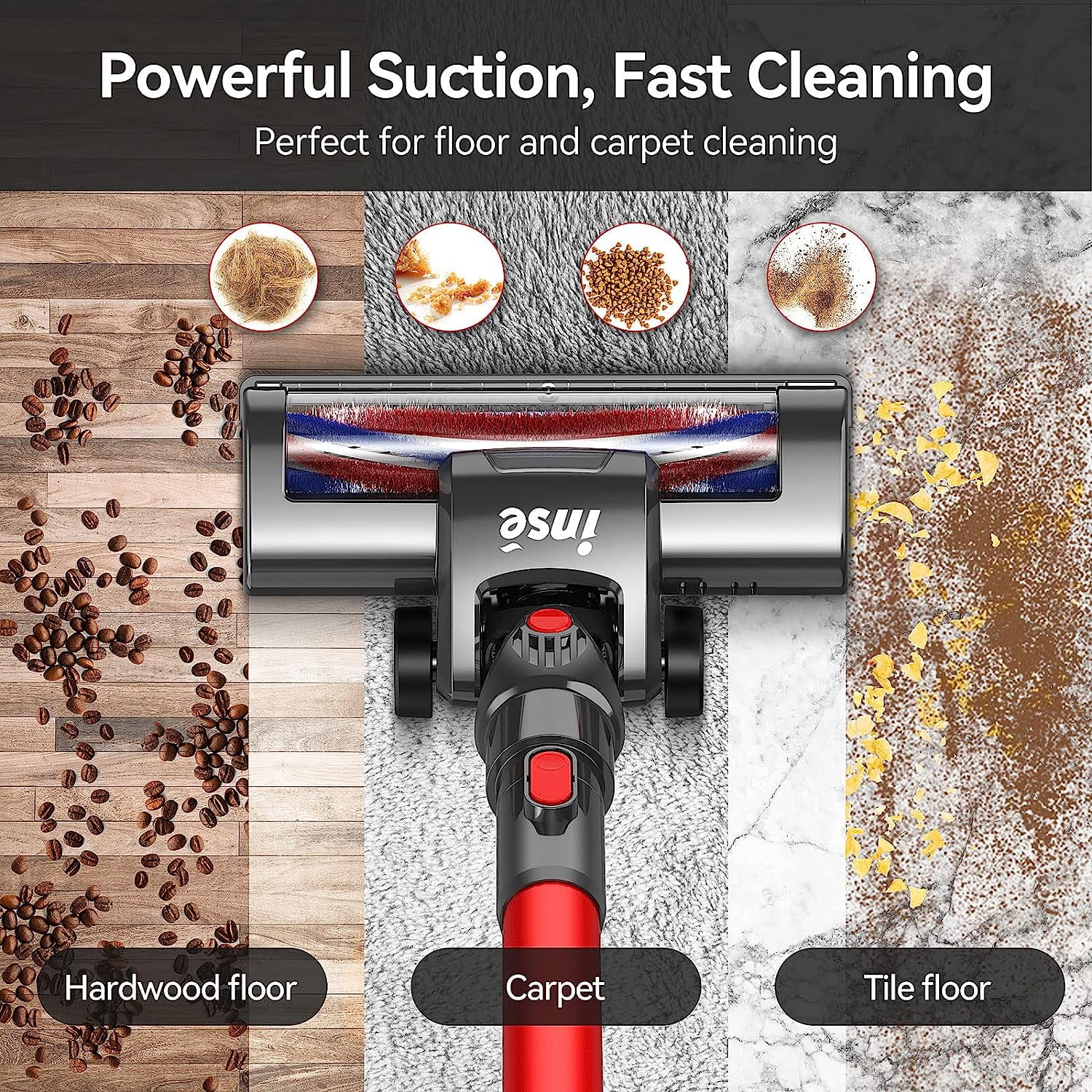 INSE N6 Vacuum Cleaner 160W Rechargeable Cordless Stick Vacuum, up to 45 minutes for Home Hard Floor Carpet Pet Hair, Red