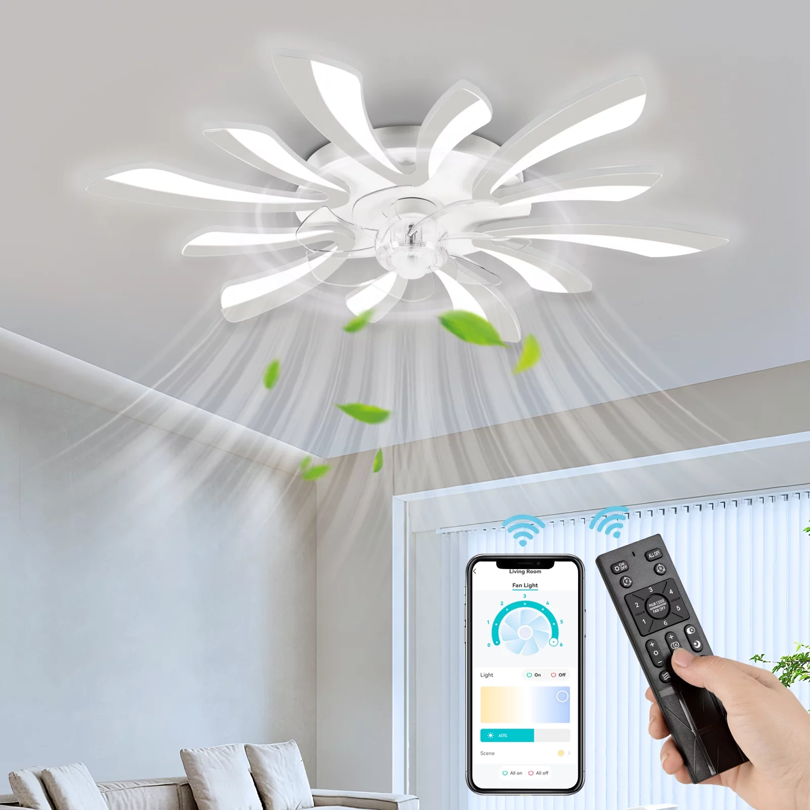 Ceiling Fans with Lights APP Remote Control FIMEI Ceiling Light with Fan 3 Colors 6 Wind Levels, Reversible, White