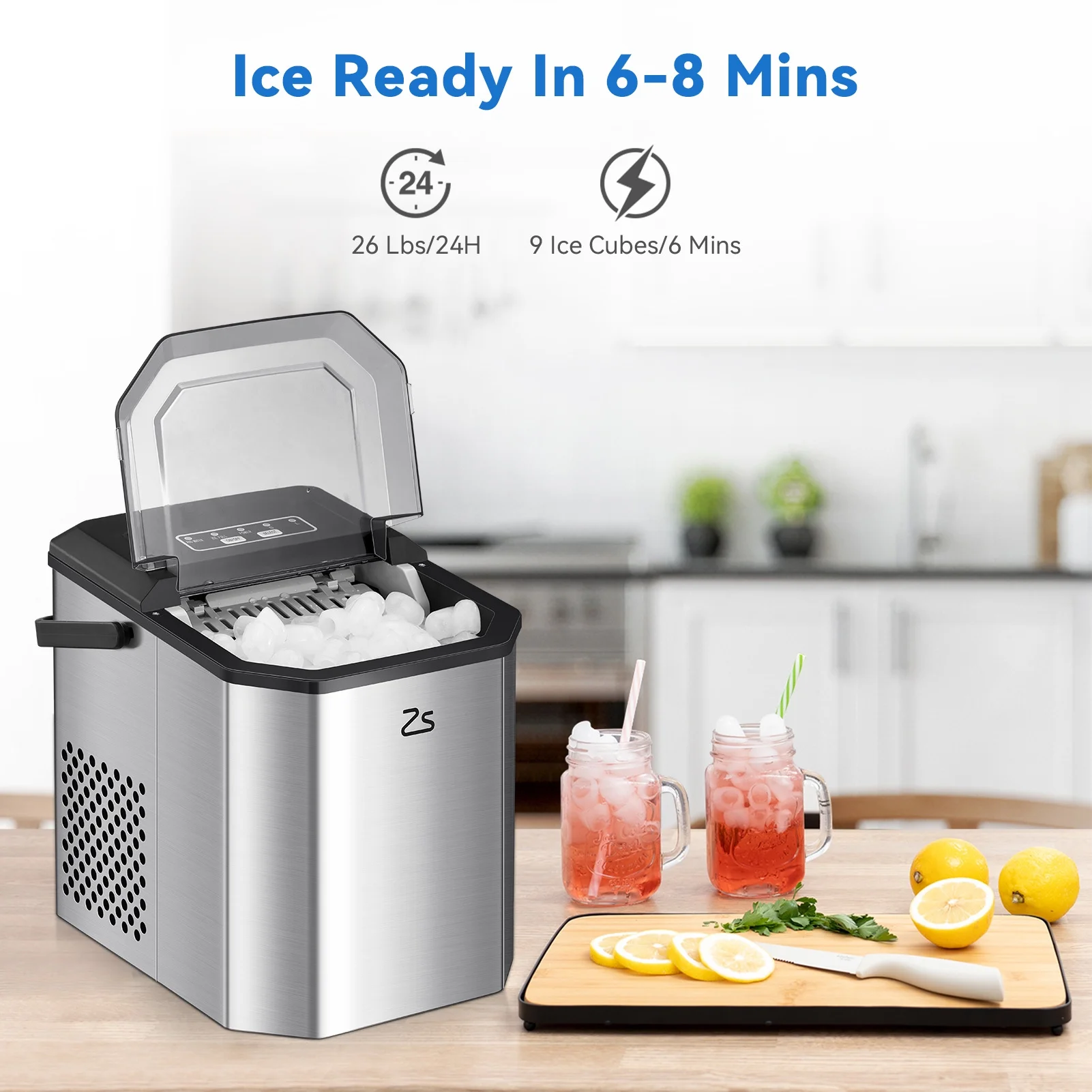 Entcook 26Lbs/24H Countertop Ice Maker with Handle, 9 Ice Cubes Ready in 6 Mins, Portable with Ice Scoop