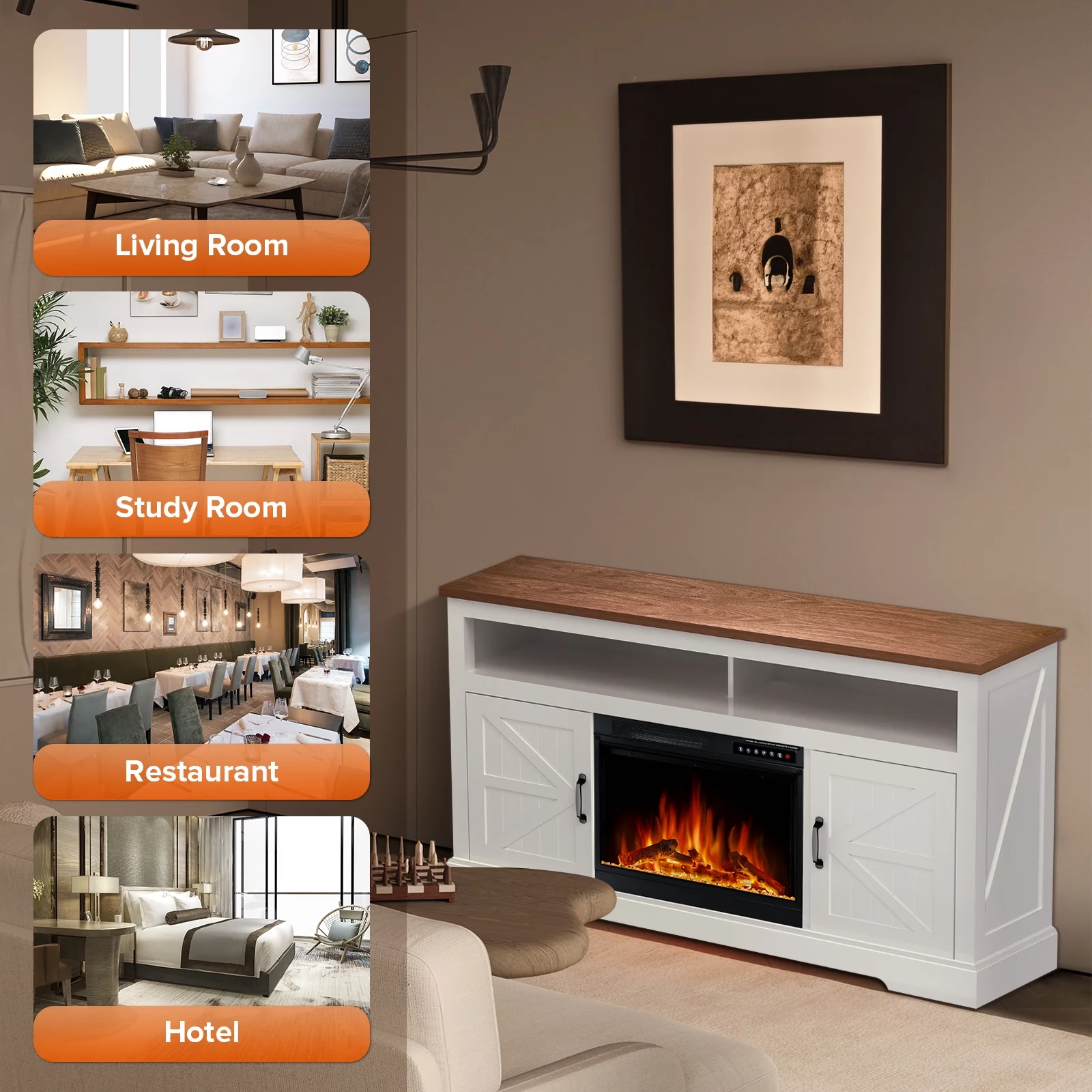 Auseo 60'' Electric Fireplace Mantel��Remote Control, Adjustable LED Flame, 750W/1500W Free Standing Fireplace��White��