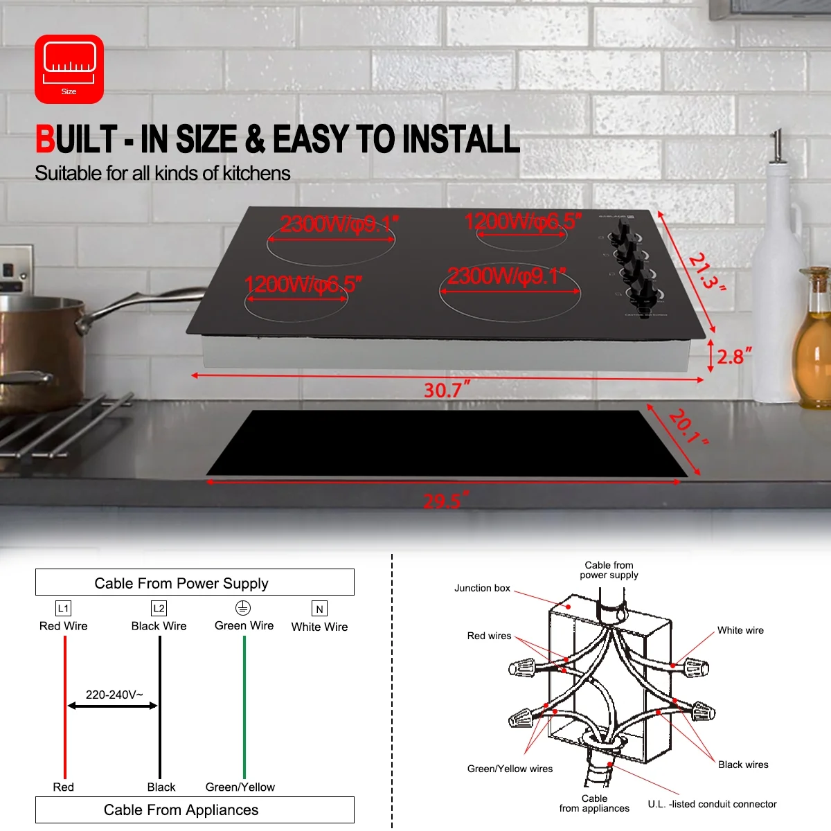 GASLAND Chef Pro Series Built- in 30in Ceramic Stove Top, 4 Burners Electric Cooktop, 220V