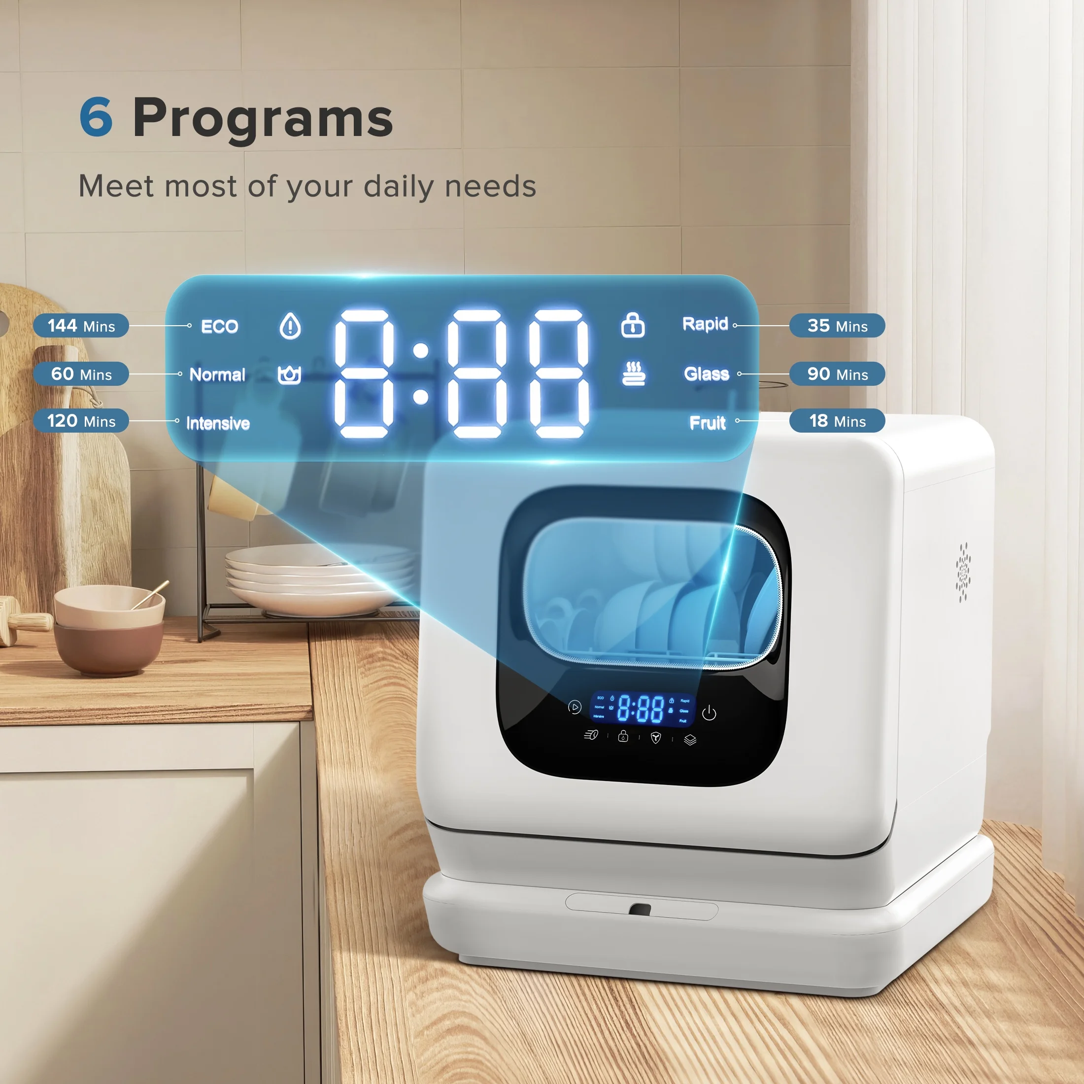 Auseo Portable Countertop Dishwasher with 7.5L Built-in Water Tank, 6 Washing Programs and Air-Dry Function for RVs/Apartments