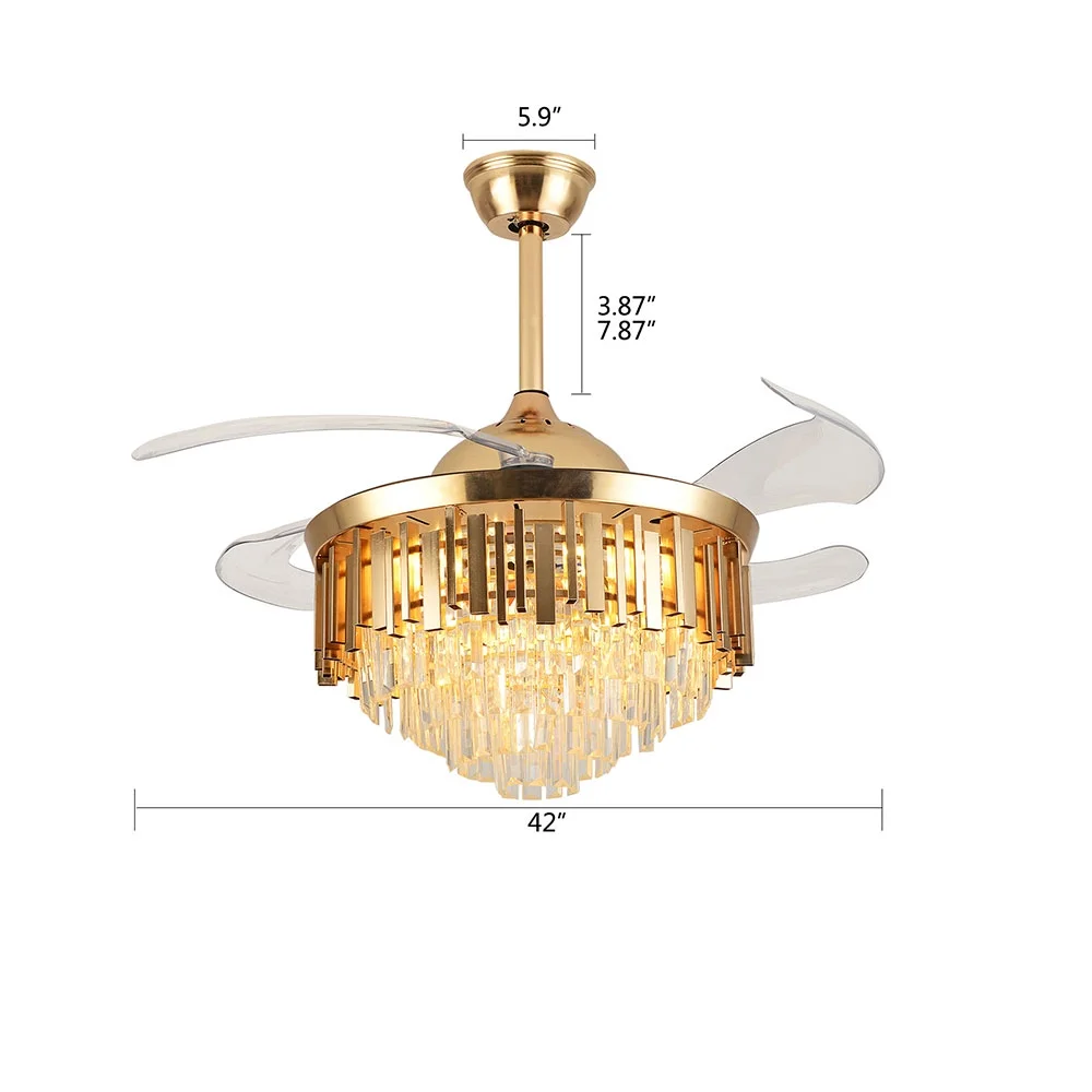 ANQIDI 42' Modern Gold Crystal Invisible Ceiling Fan Light Retractable Ceiling Fan LED Chandelier 3 Speeds 3 Colors with Remote