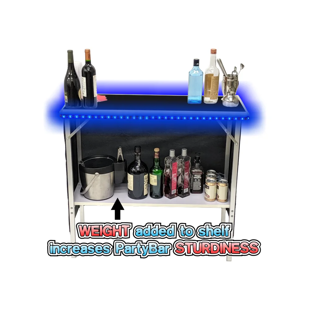 Black Folding Portable Party Bar with Patented Multi-Color LED Lights, Storage Shelf, Carrying Bag, & 2 Skirts (40' L x 36' H) - Single